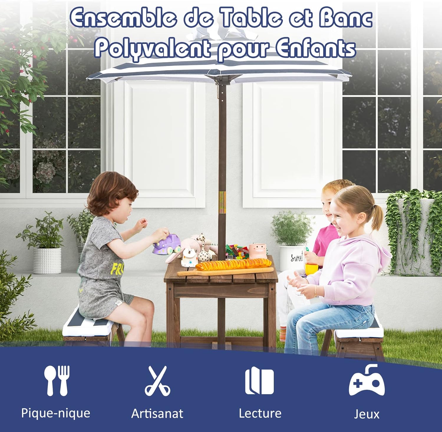 Mesa infantil de exterior, mesa de picnic infantil con sombrilla, mesa y banco de jardín, muebles de madera para 1-4 niños (azul) - 6