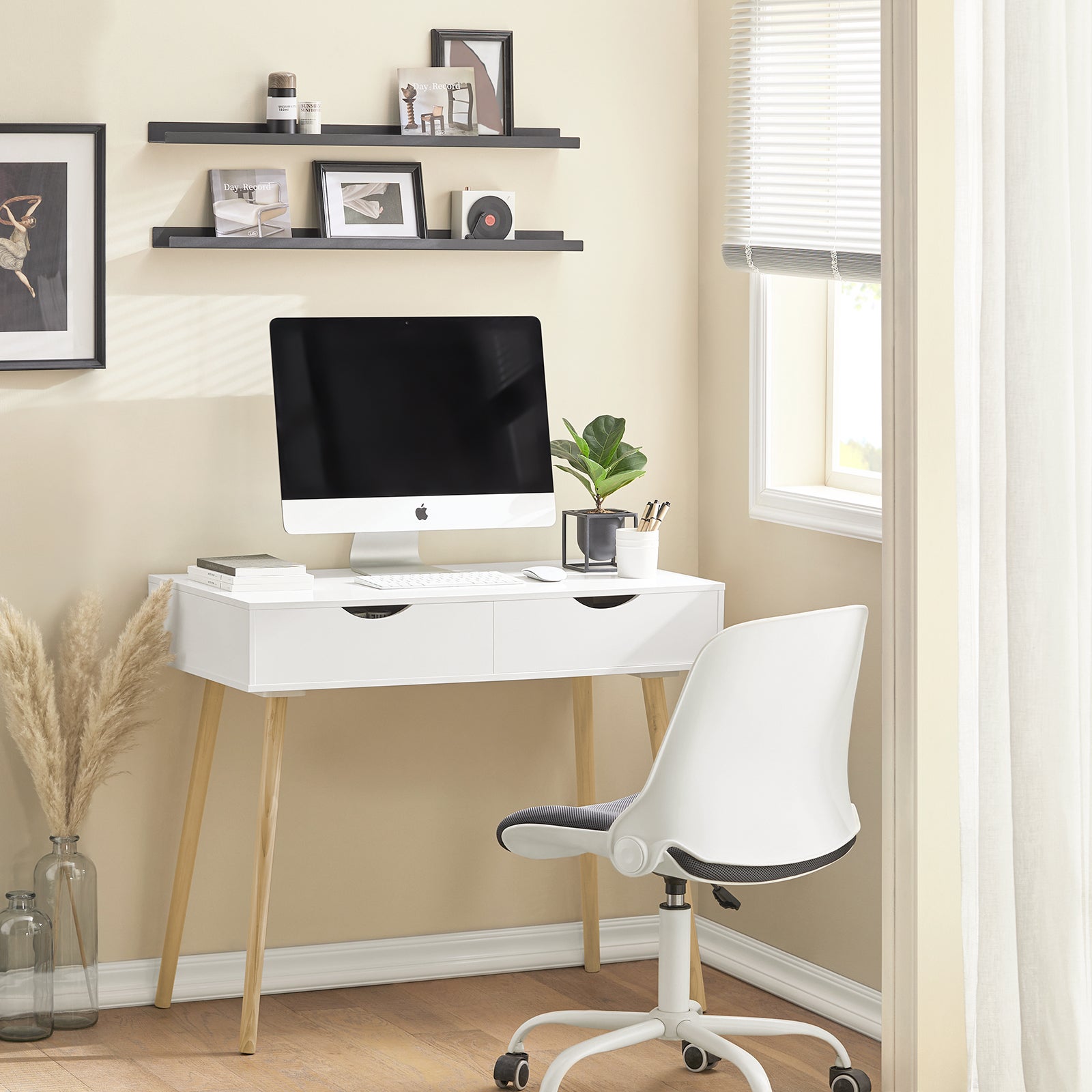 SoBuy FWT40-WN Table de Bureau Informatique Secrétaire Table Plan de travail avec 2 tiroirs, Blanc-Naturel - 9
