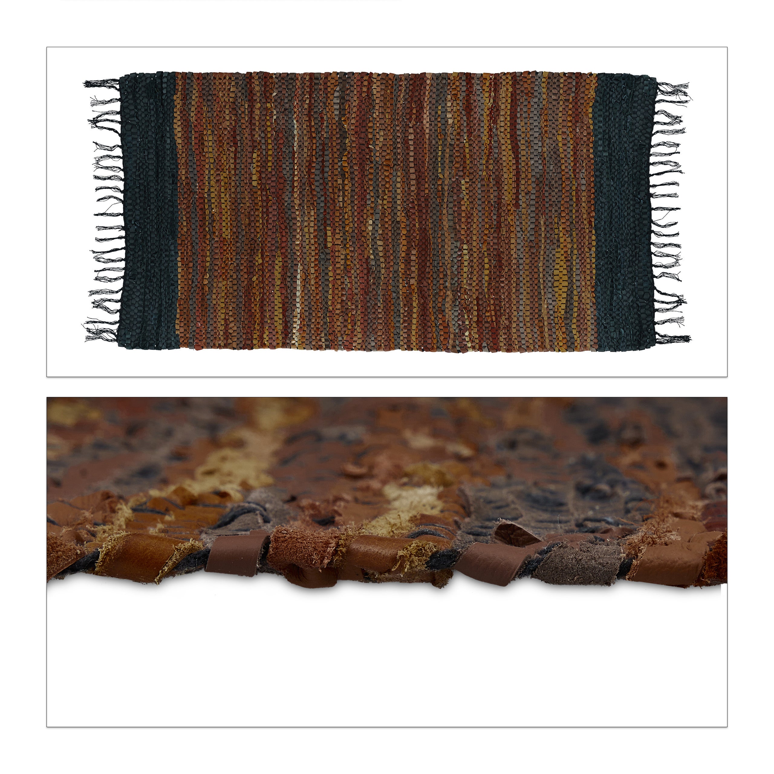 Tapis tissé, 70 x 140 cm, coton et cuir, descente de lit à franges, antidérapant, marron, Relaxdays - 8