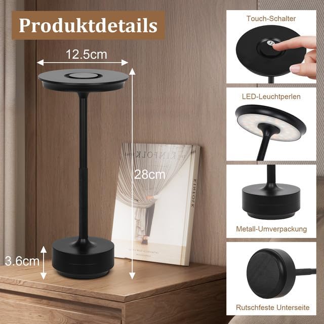 Bezprzewodowa lampa stołowa LED, akumulatorowa lampa stołowa z 3 temperaturami barwowymi, oświetlenie wewnętrzne/zewnętrzne, kolor czarny - 3