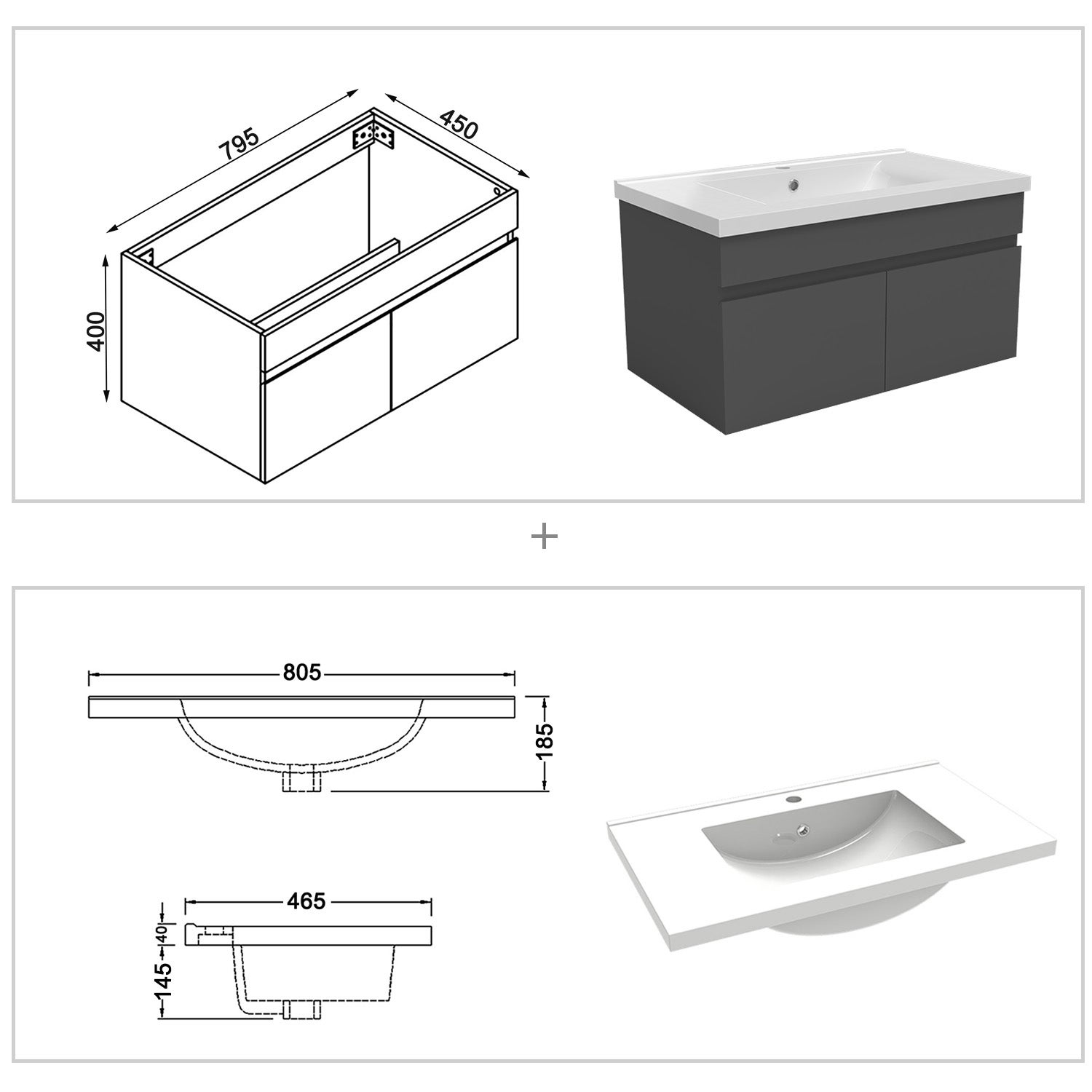 Ensemble meuble + vasque + miroir lumineux + colonne 80cm meuble salle de bain Anthracite,Ocean - 4