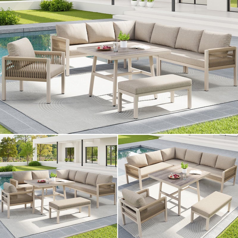 Canapé de Jardin en L Tressé Main pour 8 Personnes avec coussins Épais, ensemble salon d'extérieur avec table en Verre - housses détachables - beige - 3