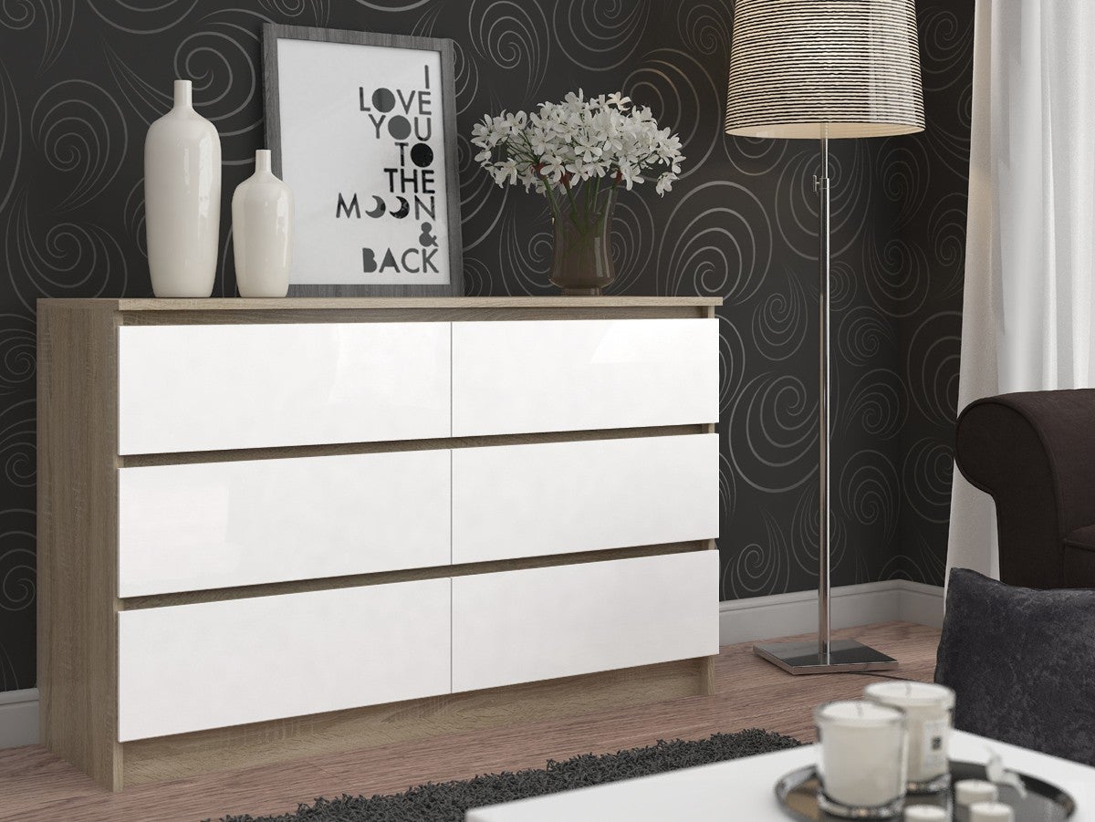 Grande Commode pour le salon AKORD K160 Chêne Sonoma 160 cm 6 tiroirs façade Blanche 160x40x77 cm - 4