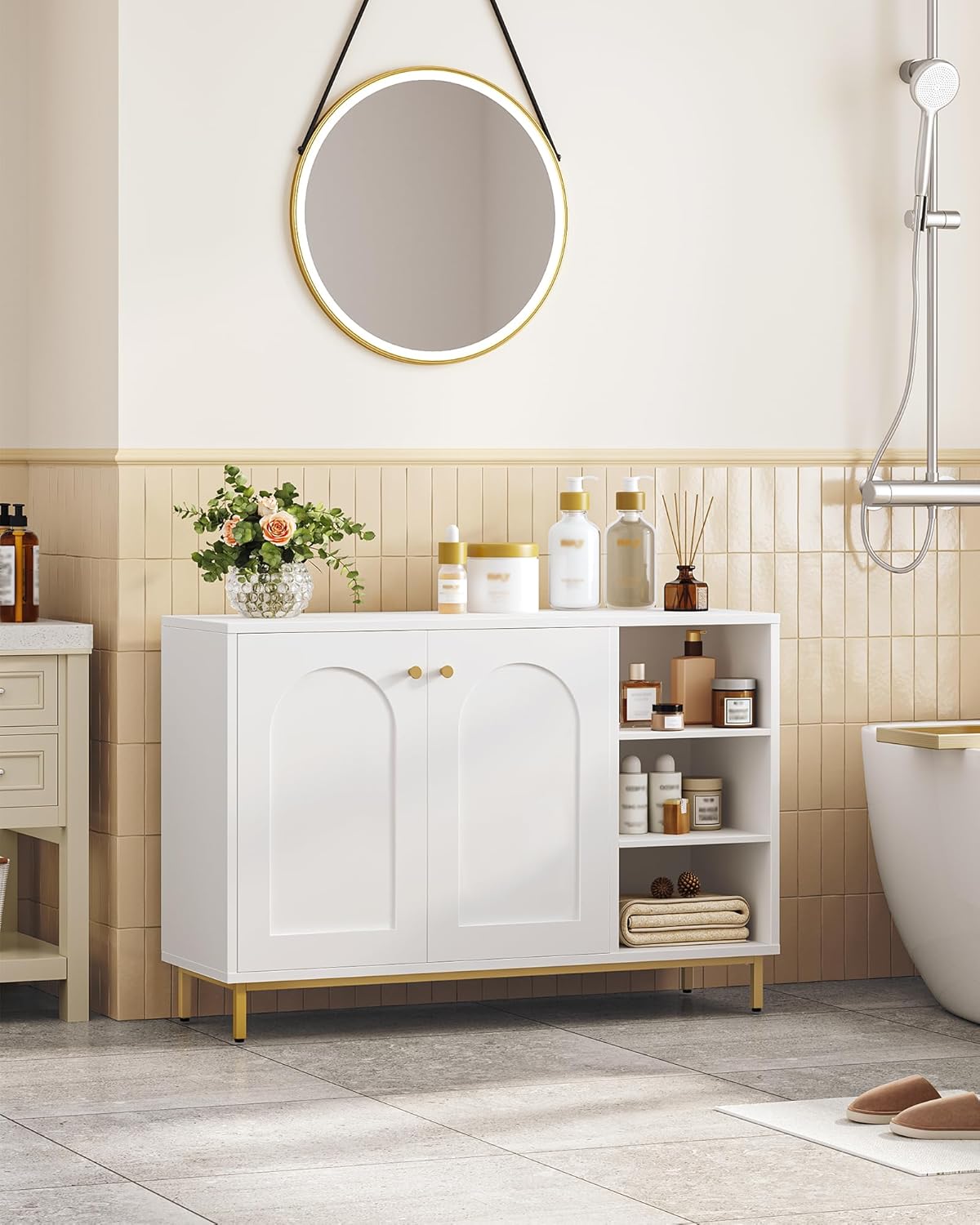 Mobile da Bagno, Armadietto Autoportante, con 3 Ripiani Aperti Regolabili e 2 ante, Grande Capacità di Stoccaggio, per Bagno, Soggiorno, Bianco-Oro - 2
