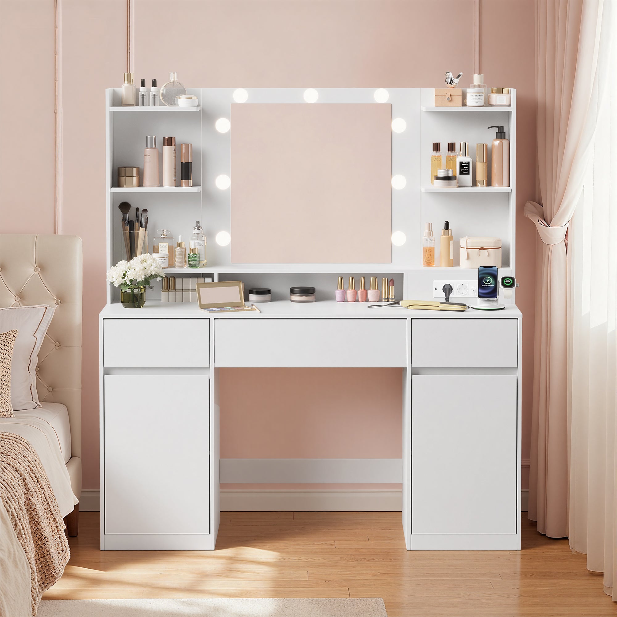 Coiffeuse avec Miroir LED, Multiprise, 2 Placards, 9 Ampoules, Éclairage 3 Couleurs, Blanc - 2