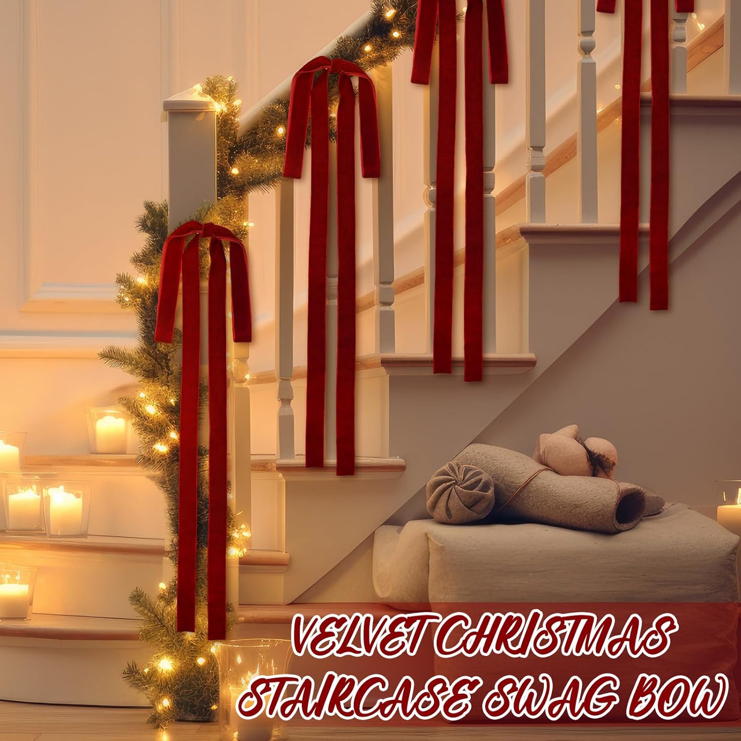 Juego de 6 lazos largos de terciopelo burdeos, adornos navideños, para árbol, corona, escalera, chimenea, puerta, 60 x 40 cm - 6