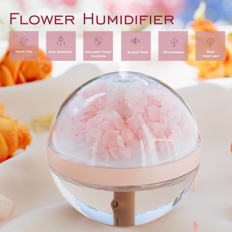 Humidificador portátil de flores preservadas, difusor de aceites esenciales, color rosa - 2