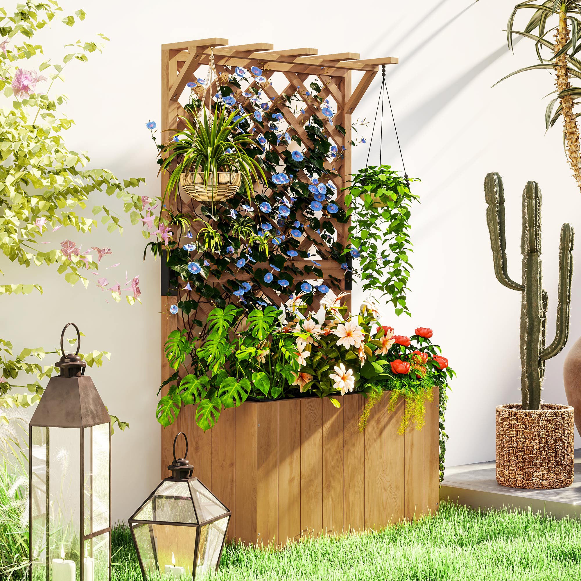 Jardinière surélevée avec treillis, toit pergola et trous de drainage, jardinière d'extérieur en sapin pour plantes grimpantes, fleurs,64x33x122 cm - 2