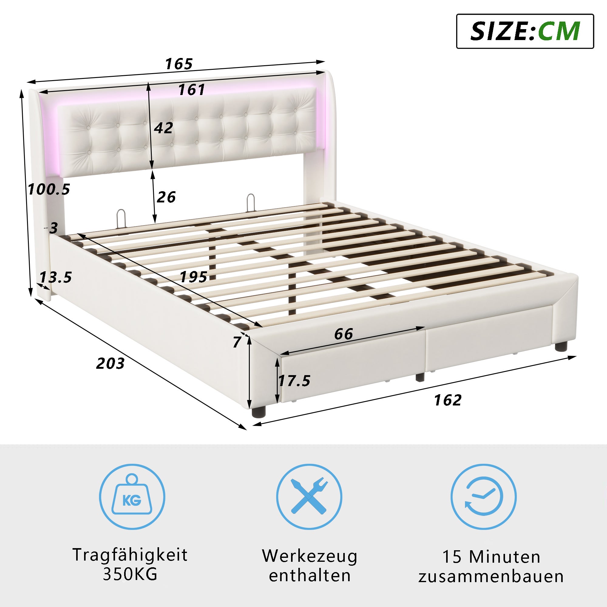 Lit coffre 160x200cm avec 2 tiroirs - lit double avec sommier à lattes et tête de lit LED - moderne et classique - velours beige - 4