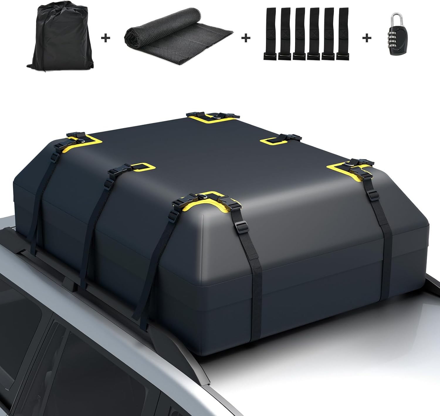 Cufăr de acoperiș impermeabil pentru mașină, 600 L, cu 14 curele, 6 cârlige prindere și încuietoare combinație,compatibil toate tipurile vehicule