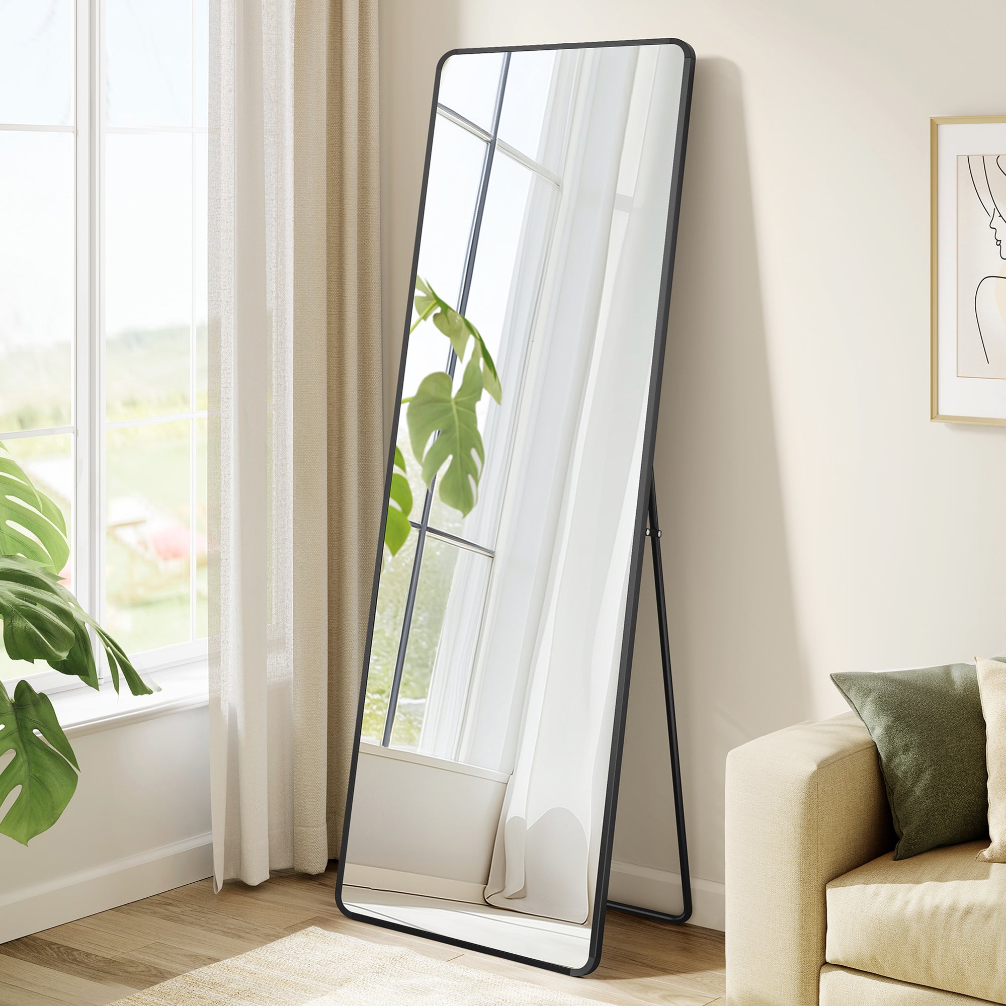 Specchio a Figura Intera 150 x 40 cm, da Terra Rettangolare con Supporto, Cornice in Alluminio, Vetro Temperato, Nero - 3