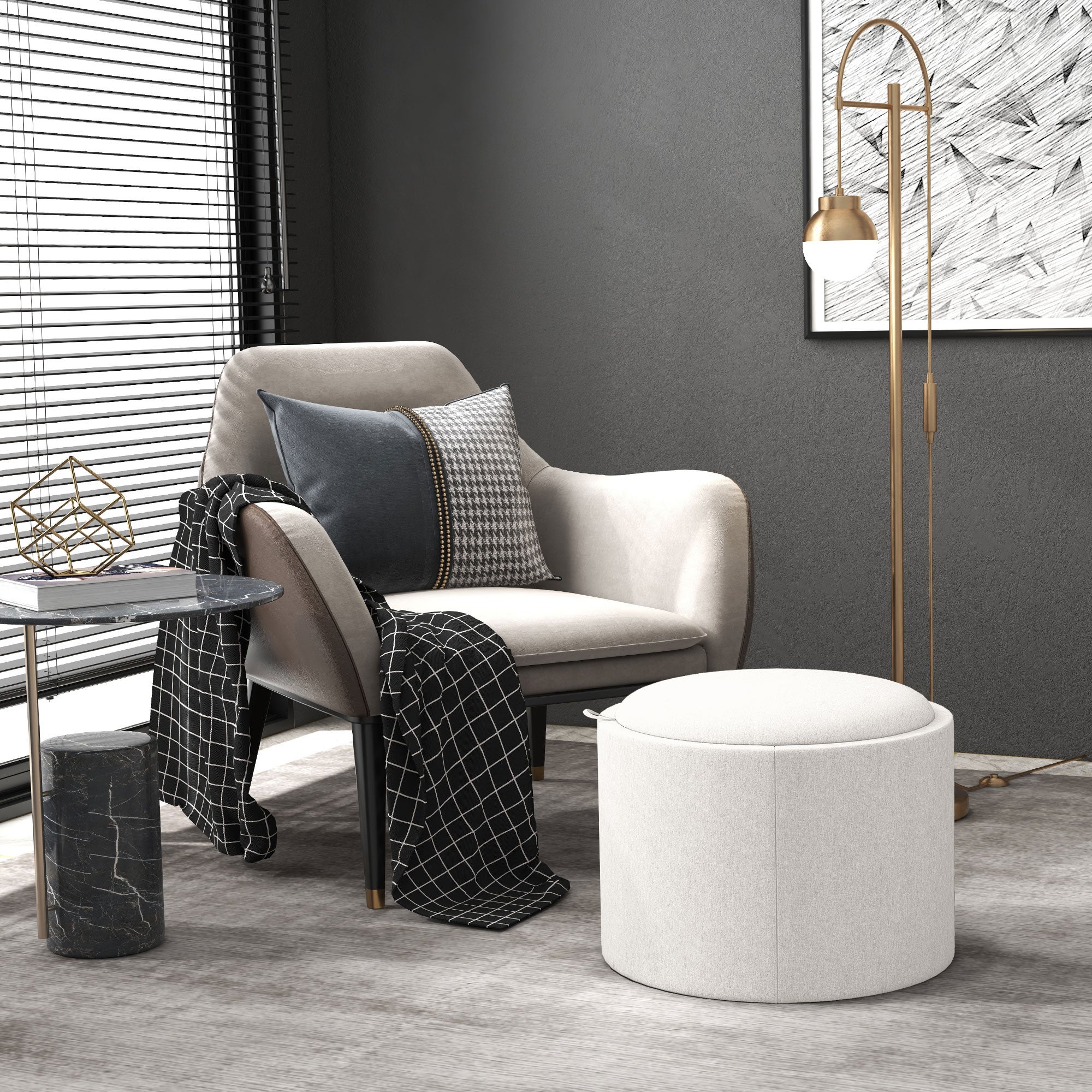 Tabouret rembourré en lin, rangement dissimulé, couvercle réversible, 56 cm x 56 cm x 42 cm, crème et naturel - 2