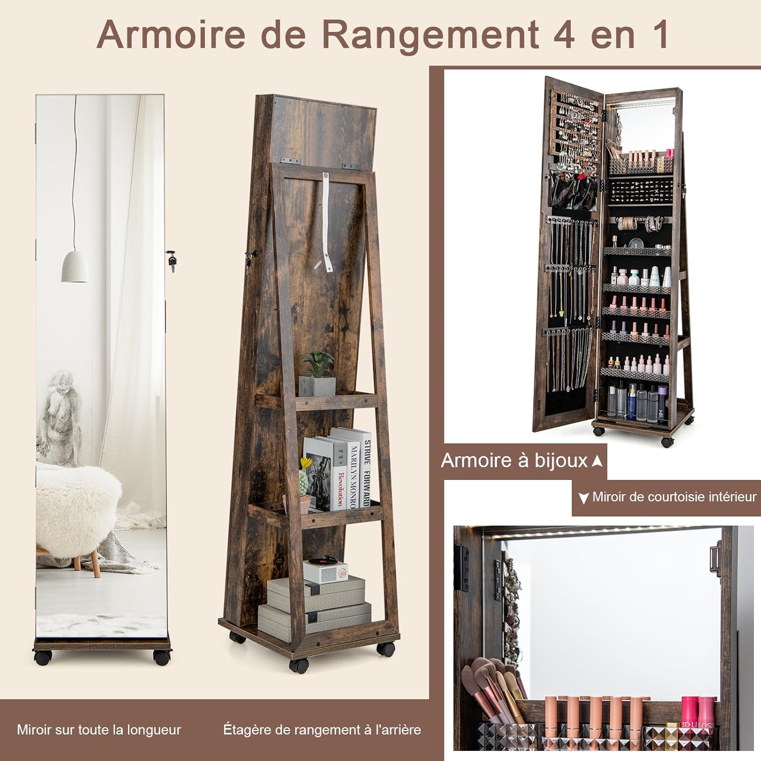 Armoire à Bijoux Mobile avec Miroir Pleine Longueur-avec Serrure-Lumières Led 3 Couleurs-Miroir de Courtoisie Intégré Café - 4