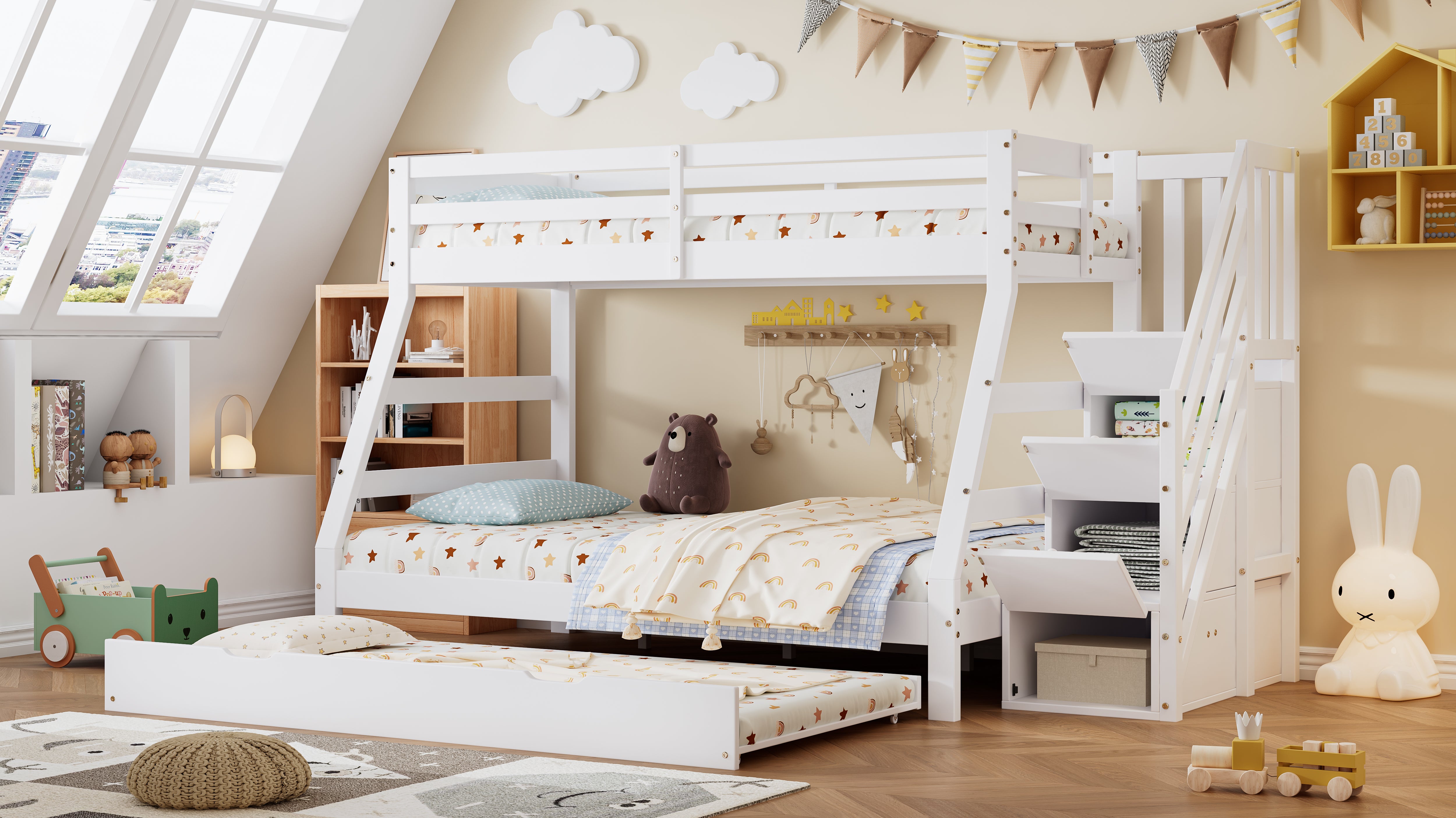 Letto a castello 90/120x200CM con letto estraibile, letto per bambini con scaletta, armadio e corrimano, bianco - 8