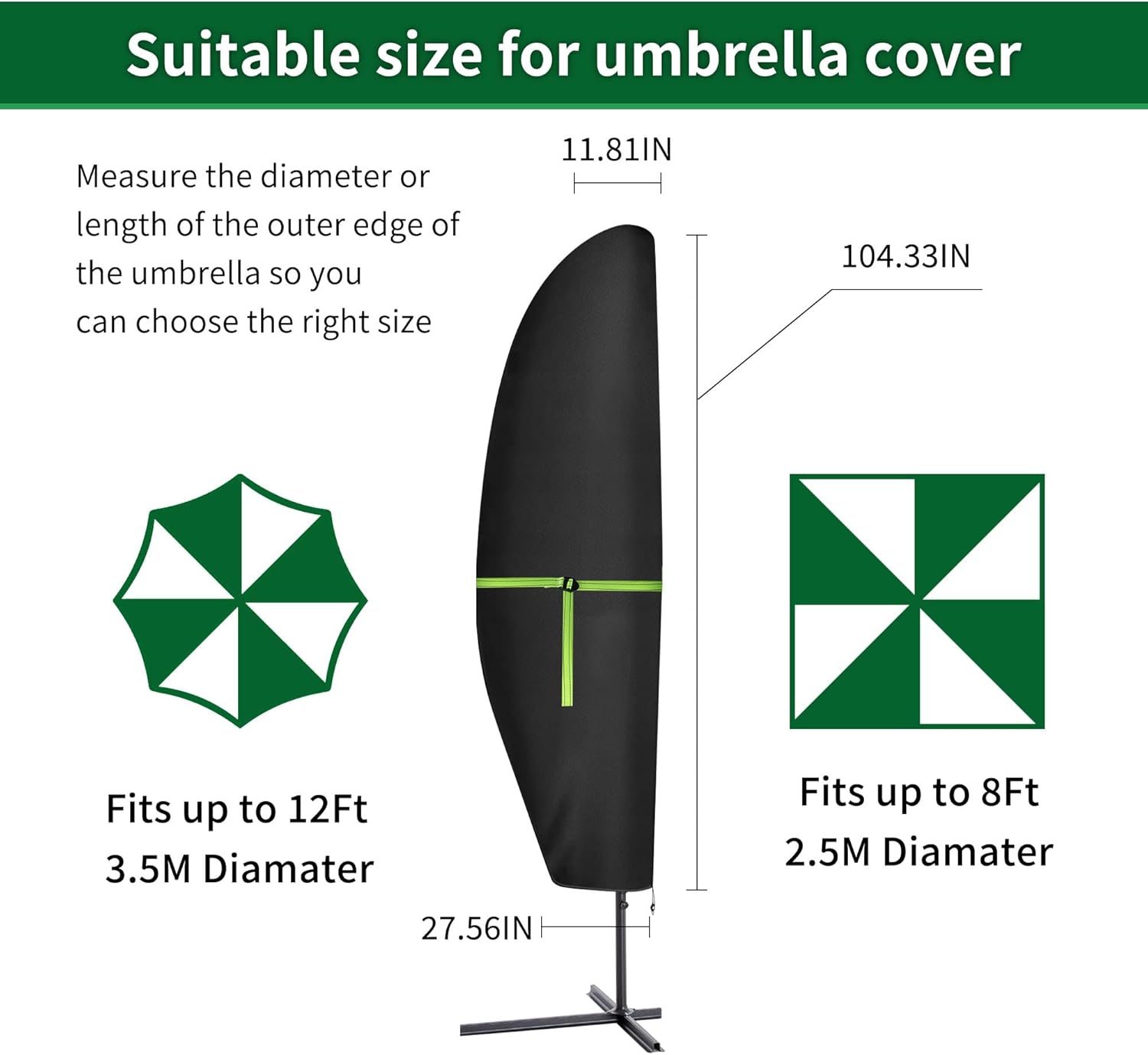 Housse de parasol déporté - Coupe-vent robuste - Grande protection 1 à 3 m - Résistante aux UV - Étanche - Fermeture éclair - 2