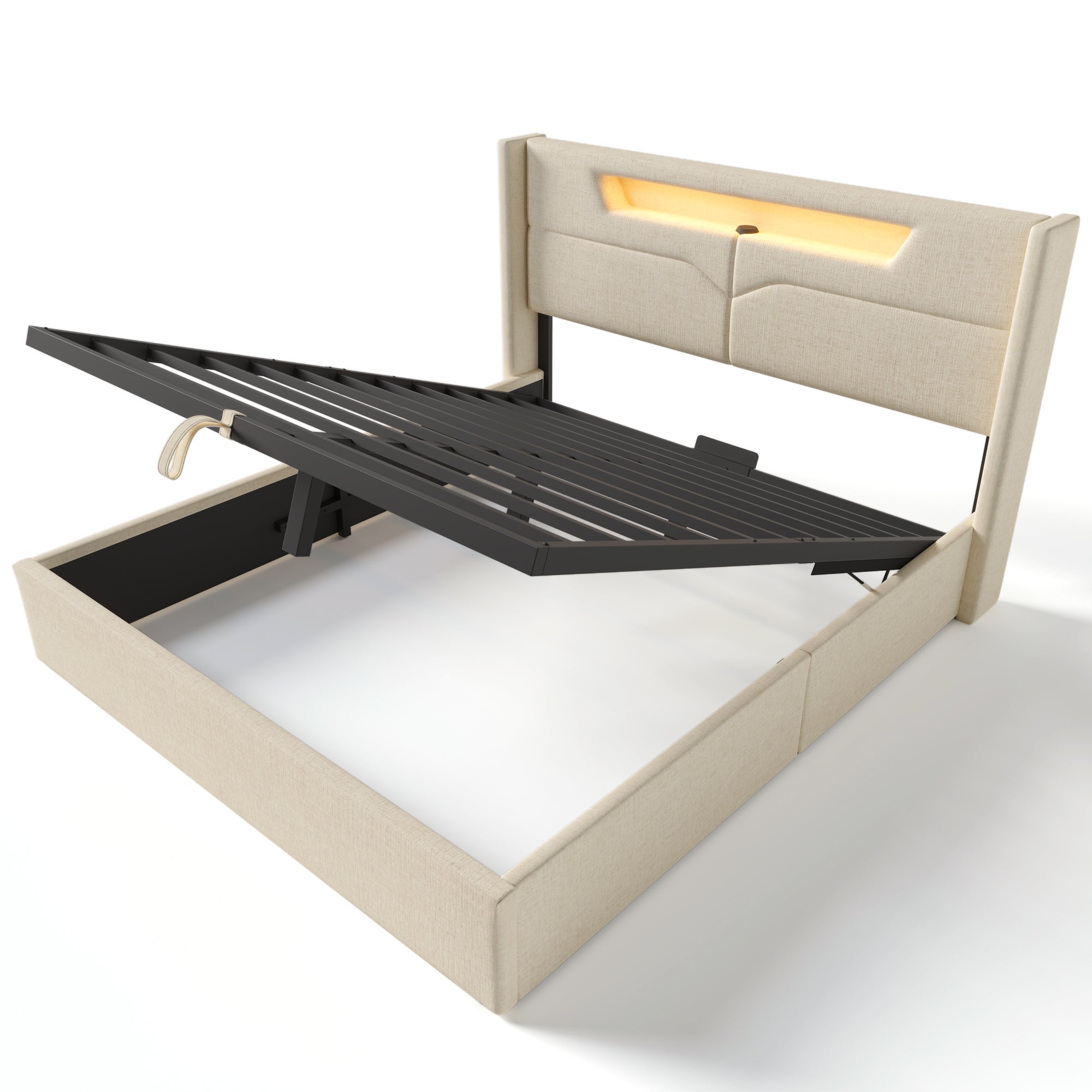 Cama arcón doble, lino, carga USB tipo C e iluminación LED, (140 x 200 cm, beige, sin colchón) - 9