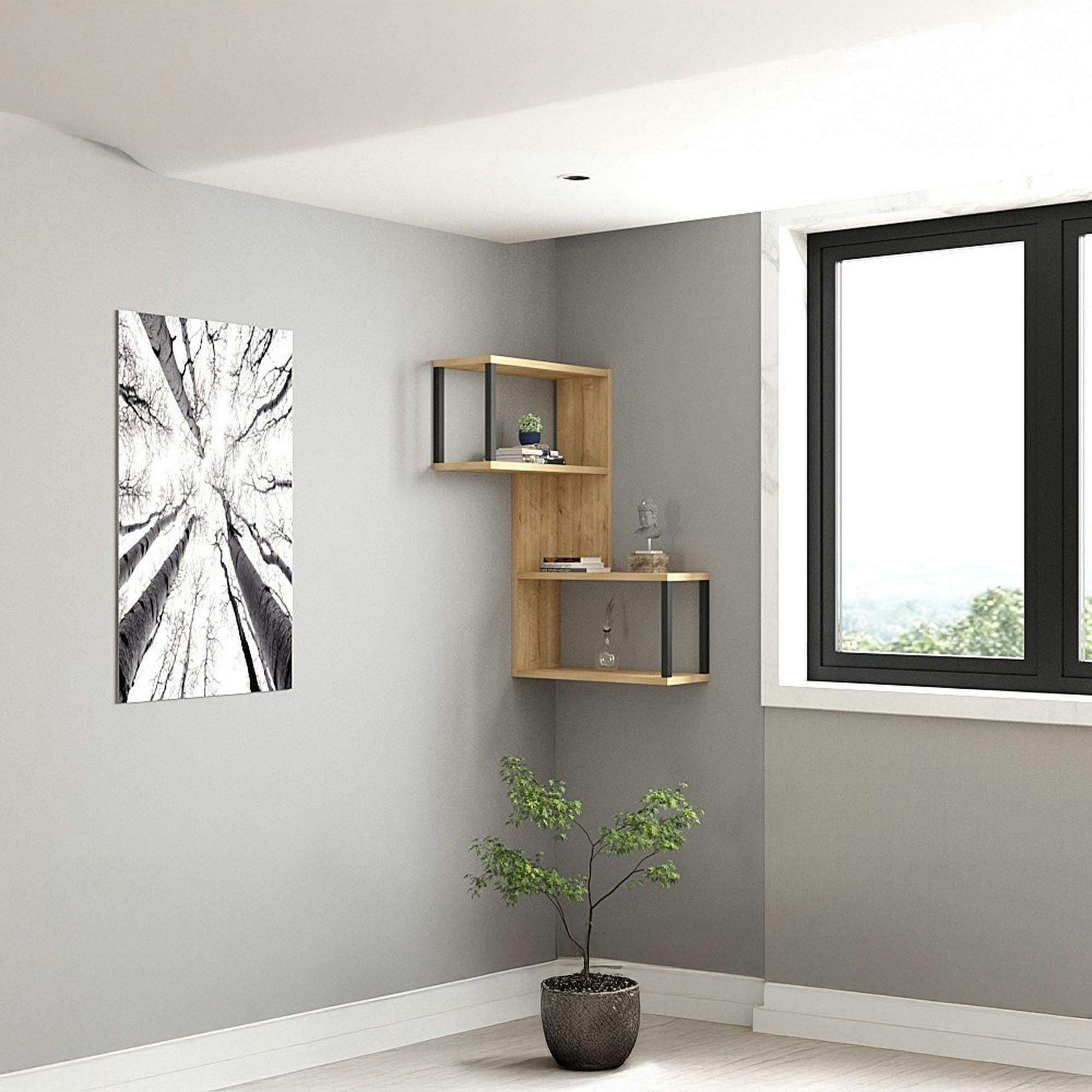 Etagère murale d'angle effet bois clair - 2 niches JENA - 2