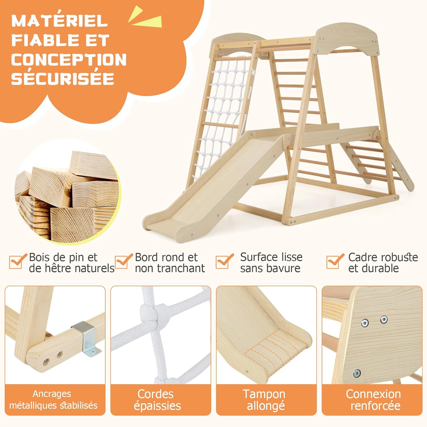 6 en 1 Jeu d'escalade Intérieur, Aire de Jeu en Bois avec Portique, Toboggan, Corde et Échelles, Jeu Montessori avec Ancrages Métalliques pour 1 an+ - 5
