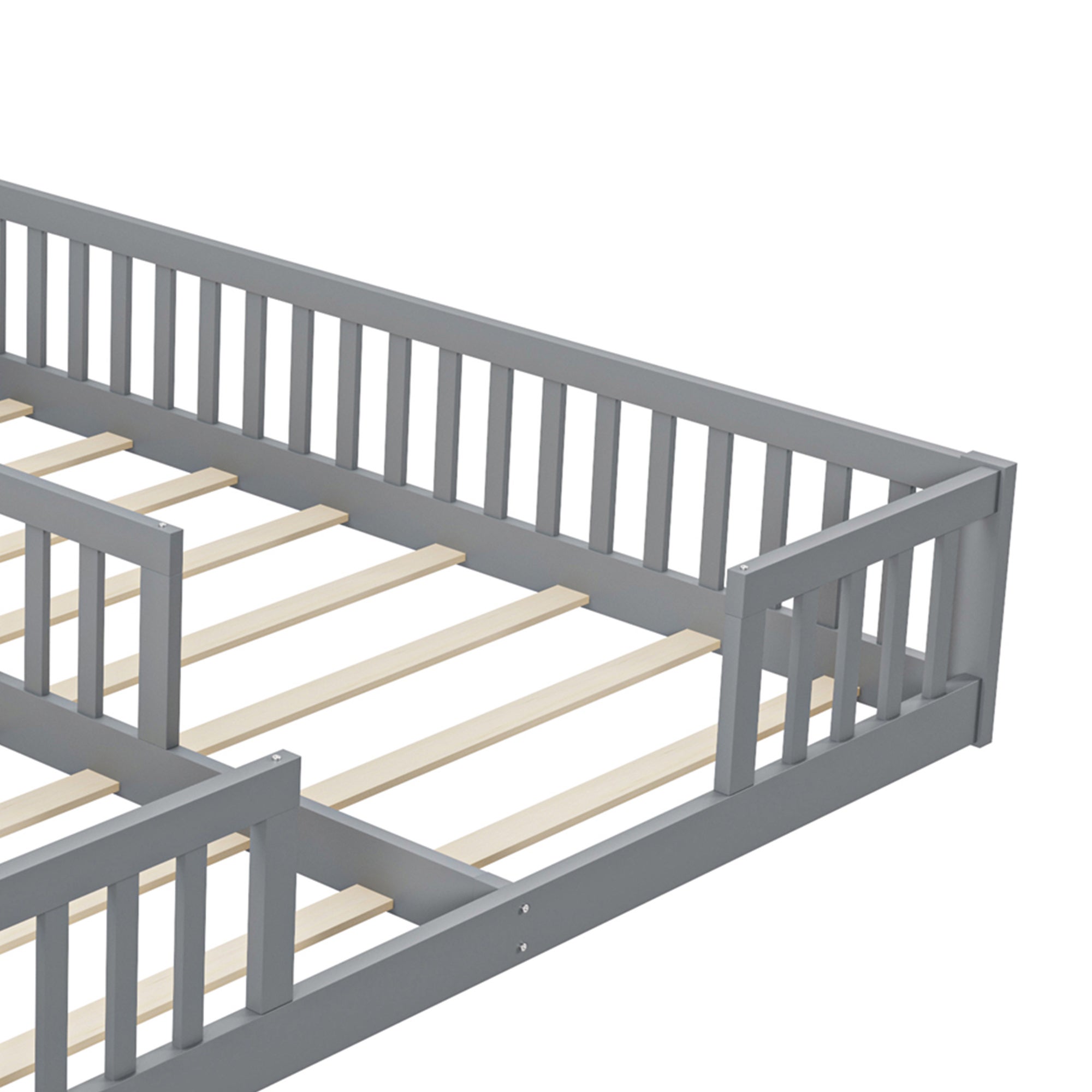 Montessori Lit de sol 90 x 200 cm avec barrières de sécurit, lit d'enfant 2 place, lit en bois avec sommier à lattes, gris (sans matelas) - 4