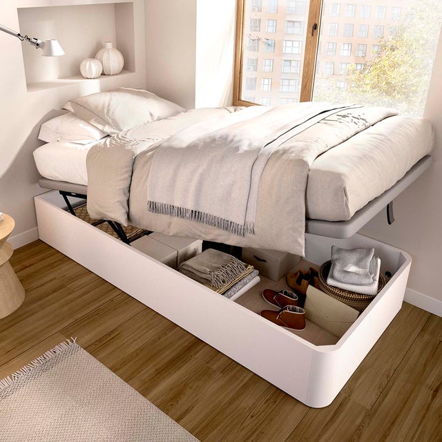 Canapé Abatible Round de gran almacenamiento Blanco - Tapa tapizada Gris - Esquina Redondeada - 90x190cm - Homekit