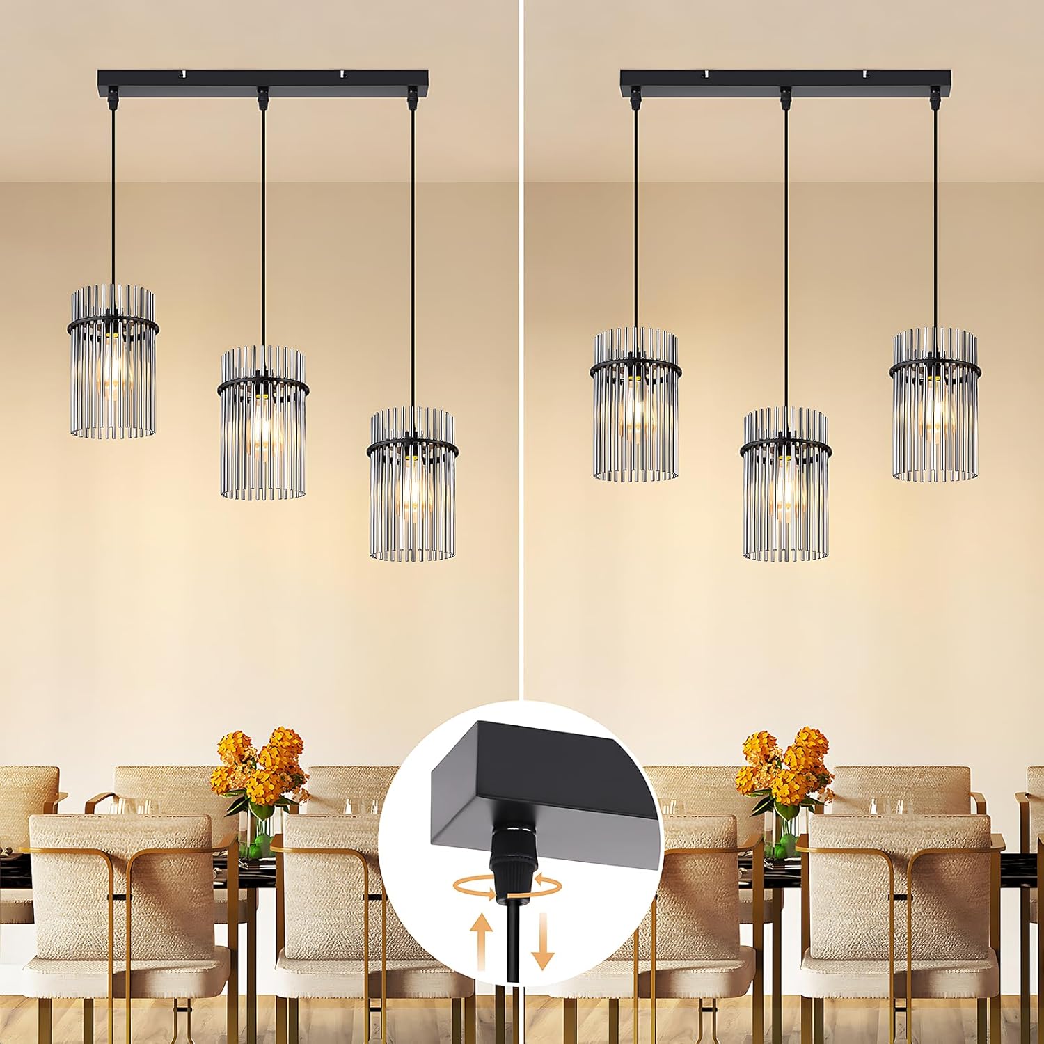 ZMH Lampa wisząca w stylu vintage z trzema żarówkami, czarne szkło, E27 (żarówka nie jest dołączona) - 6