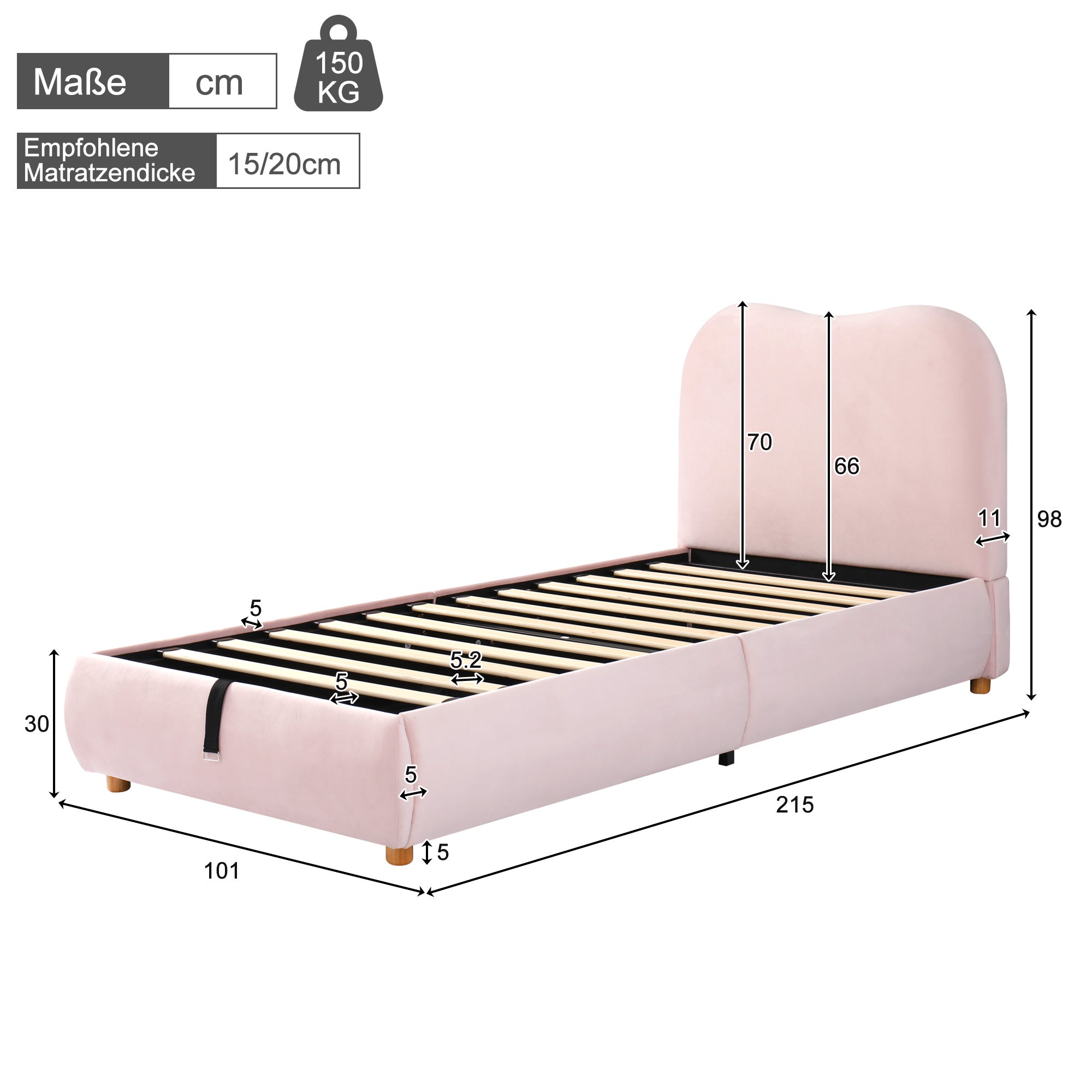 Łóżko dziecięce z pojemnikiem 90 x 200 cm - Z wyściełanym zagłówkiem - Schowek pod łóżkiem - Tapicerka welurowa - Różowy - 6