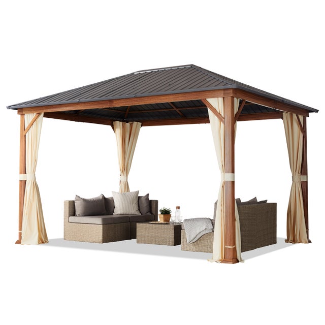 TOOLPORT Cenador de jardín 3x4 m, aspecto madera, techo sólido, 4 cortinas en champán