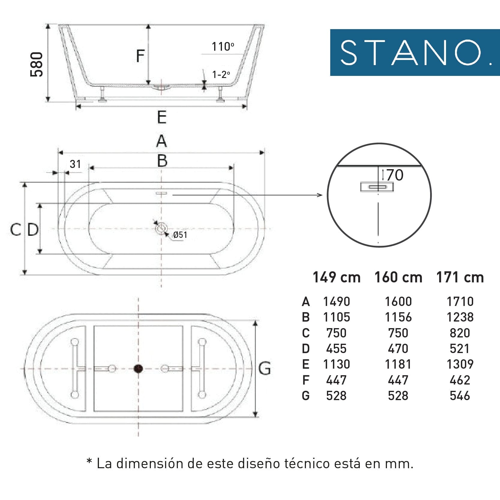 Bañera exenta FINDLAY Anti-Slide 149 cm - 10