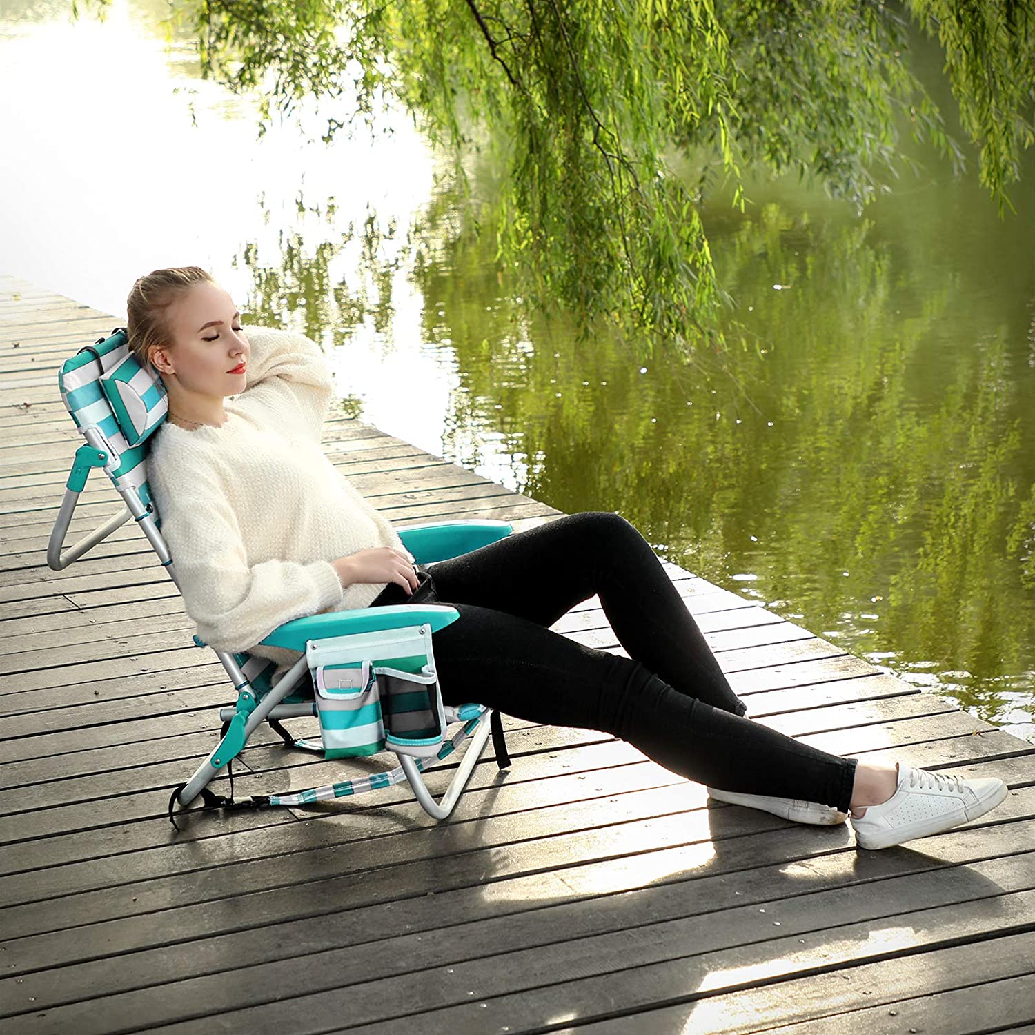 Chaise de Plage Portable,Pliable, Dossier Inclinable jusqu'à 180°, Rayures Vertes et Blanches - 2
