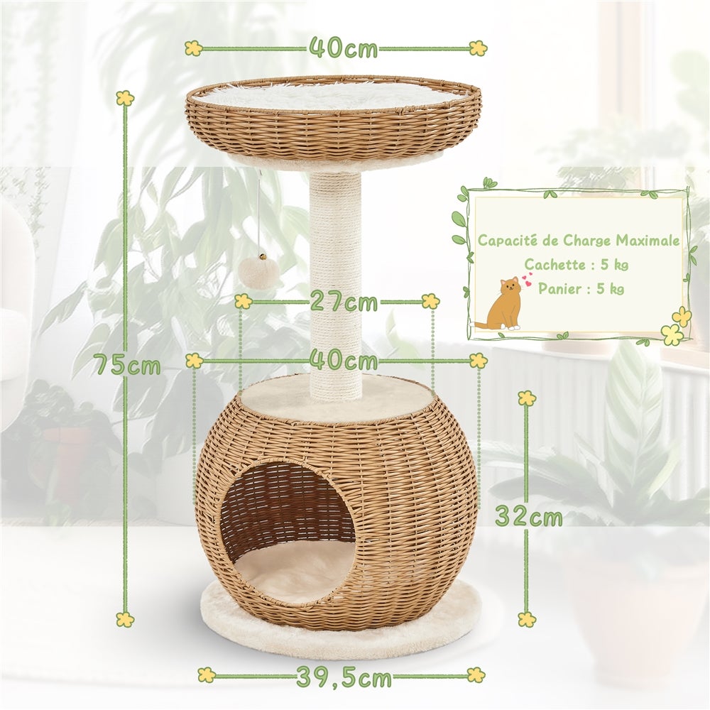 Arbre à Chat en Rotin Cachette Coussin Souple Panier Supérieur Griffoir en Sisal 75 cm Yaheetech - 4
