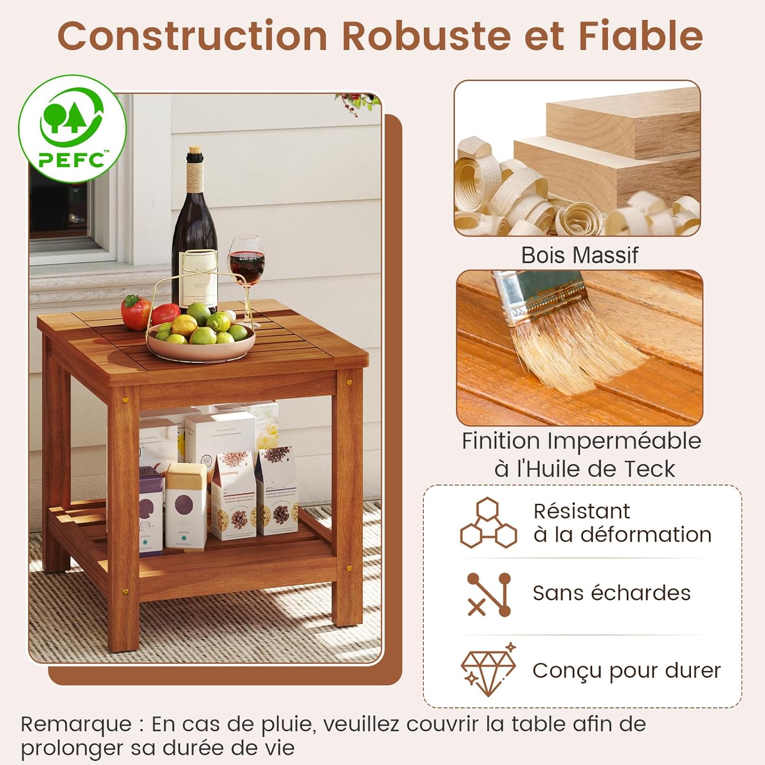 GIANTEX Table d’Appoint Extérieure en Bois à 2 Niveaux,Table Basse de Jardin Étagère de Rangement,Petite Table de Bistrot pour Patio Maison - 5