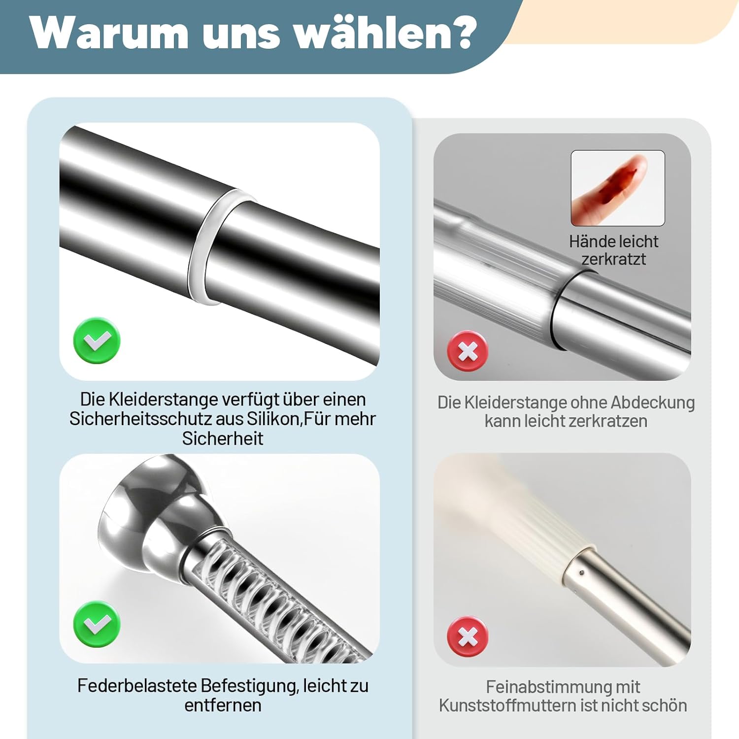 Tringle à vêtements réglable sans perçage - Extensible - En acier inoxydable - Pour douche, balcon, salle de bain - 35 cm à 50 cm - 5