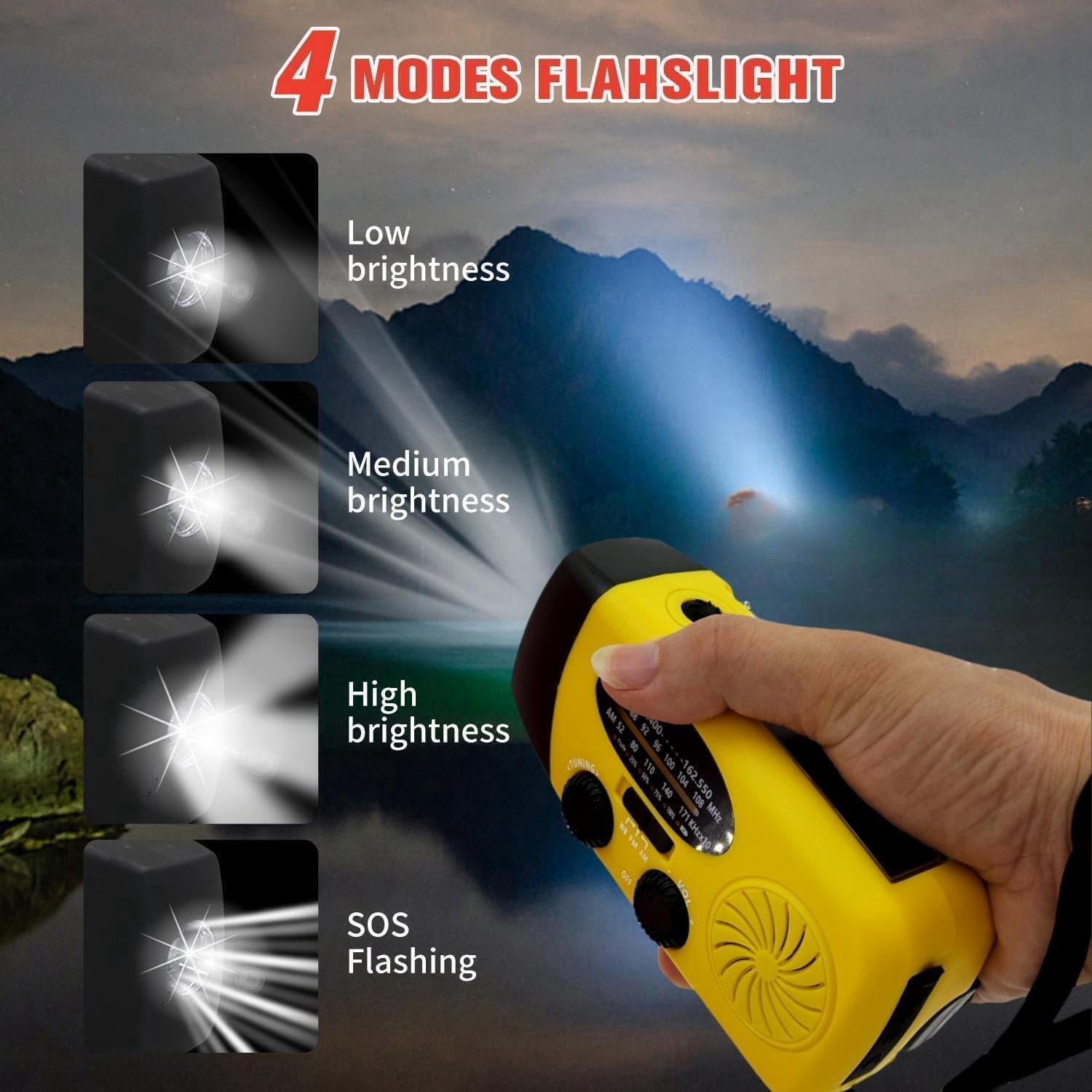 Radio solar de manivela 2000mAh, linterna LED, alarma SOS y cargador de teléfono, para supervivencia y emergencias al aire libre. - 4