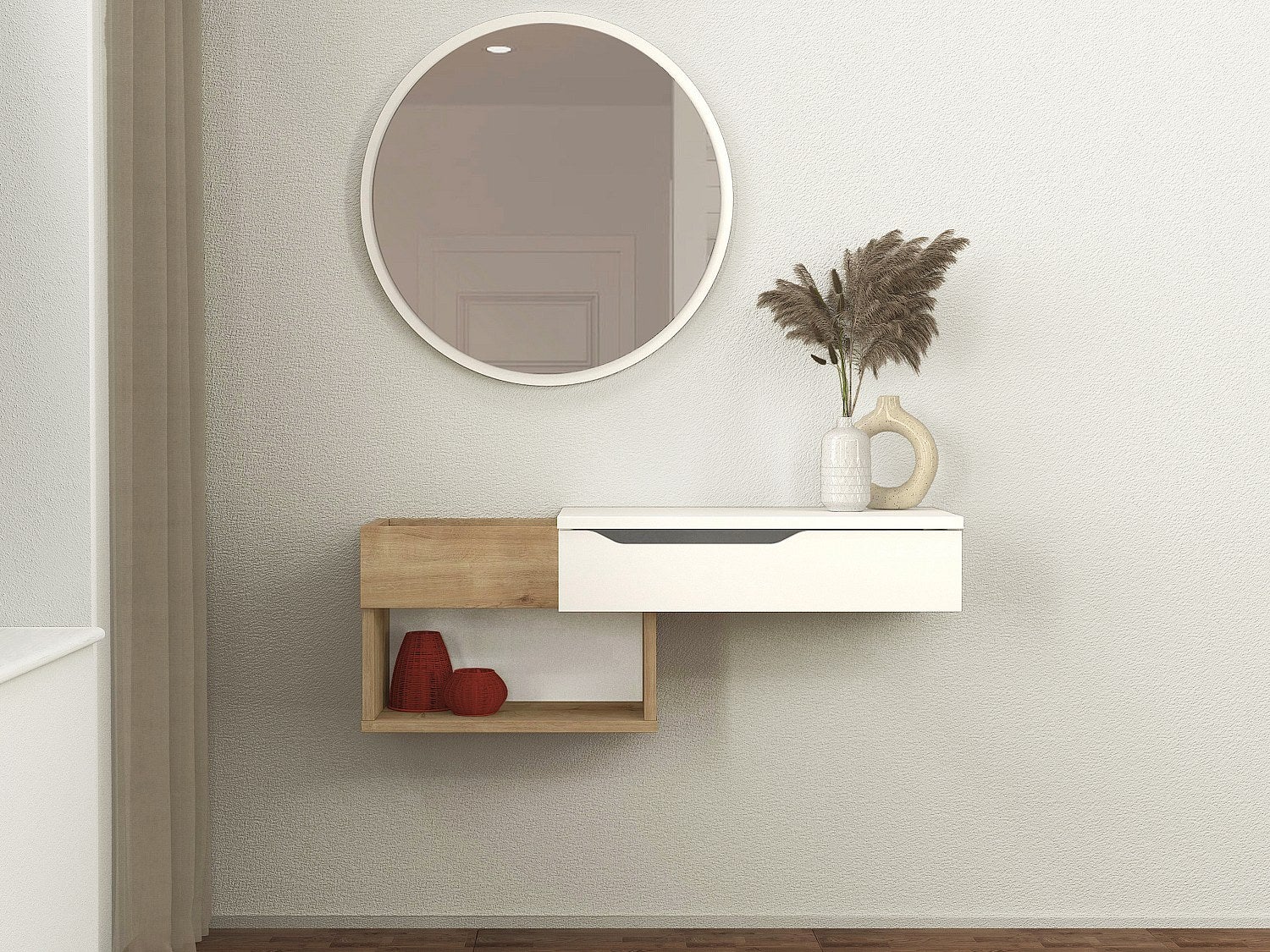 Console suspendue avec 1 tiroir et 2 niches - Naturel et blanc - DAREKA - 5
