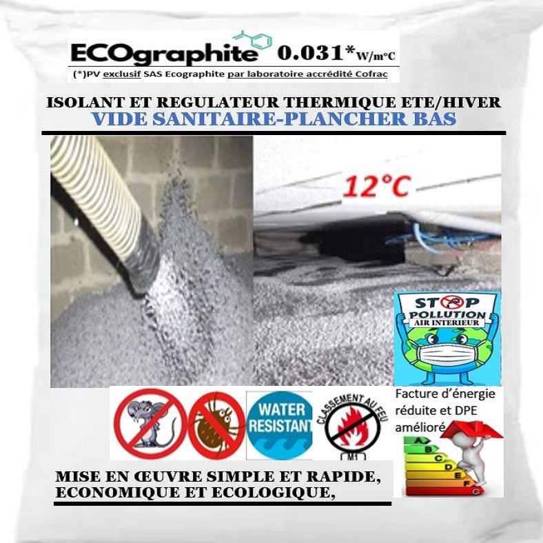 Isolation vide sanitaire plancher bas (100 m2 en 10 cm en R=3/DPE) billes isolantes Écographite