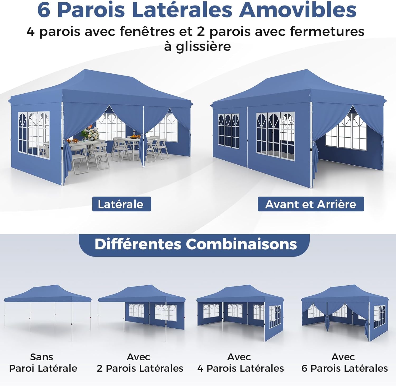 Cenador plegable de 3 x 6 m con 6 paredes laterales, 6 sacos de arena, carpa para fiestas, estructura metálica ajustable, pabellón desplegable y bols - 6