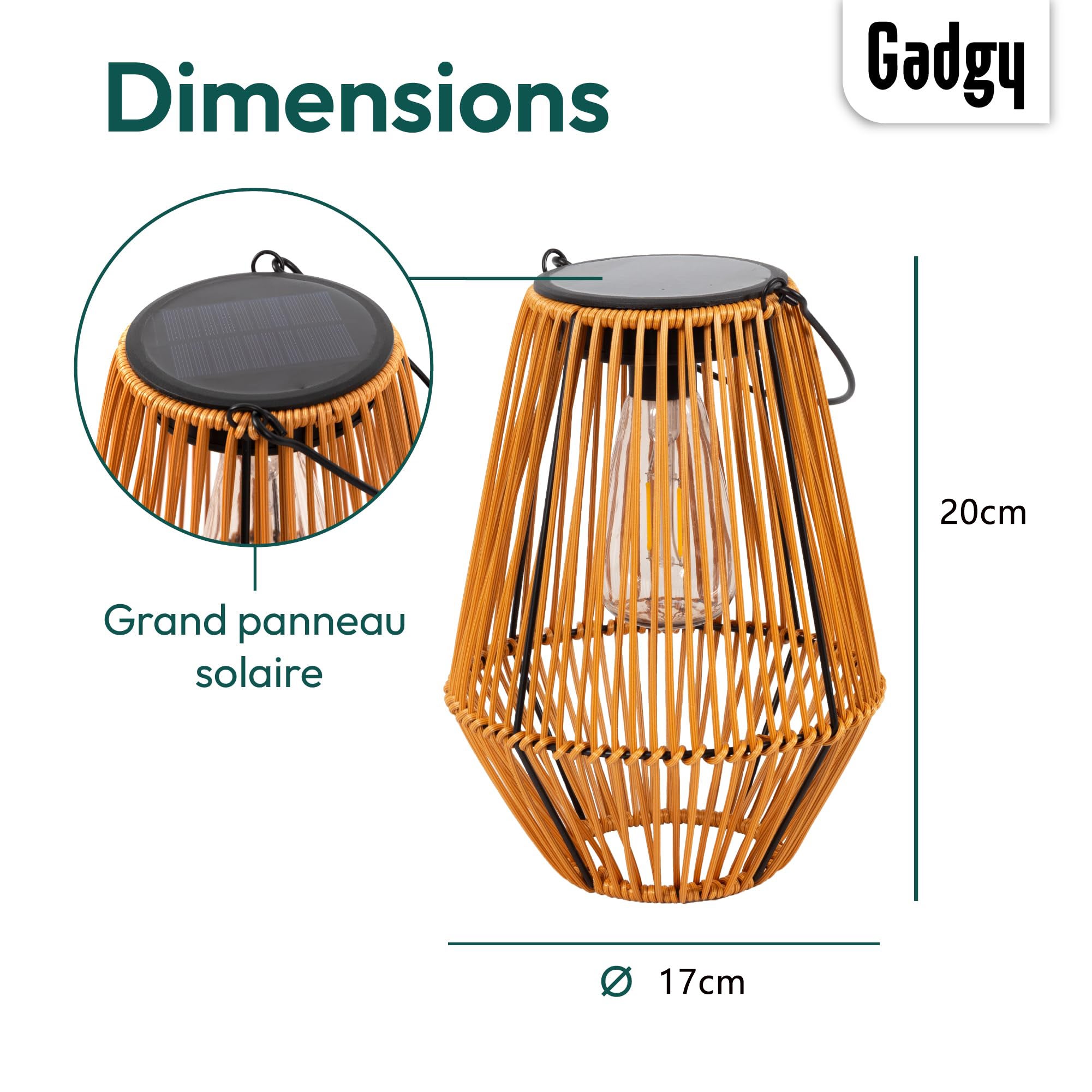 Lot de 2 lampes solaires en rotin, lanternes solaires d'extérieur,lampes solaires de jardin, étanchéité IP55 pour jardin,terrasse, porche,balcon, cour - 3