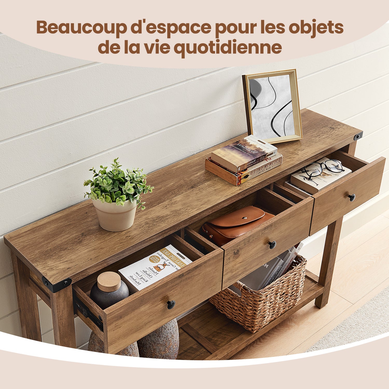 Table Console, Table d'Entrée avec 3 Tiroirs et Étagère de Rangement, pour Entrée, Salon, Style Campagnard, Marron - 6