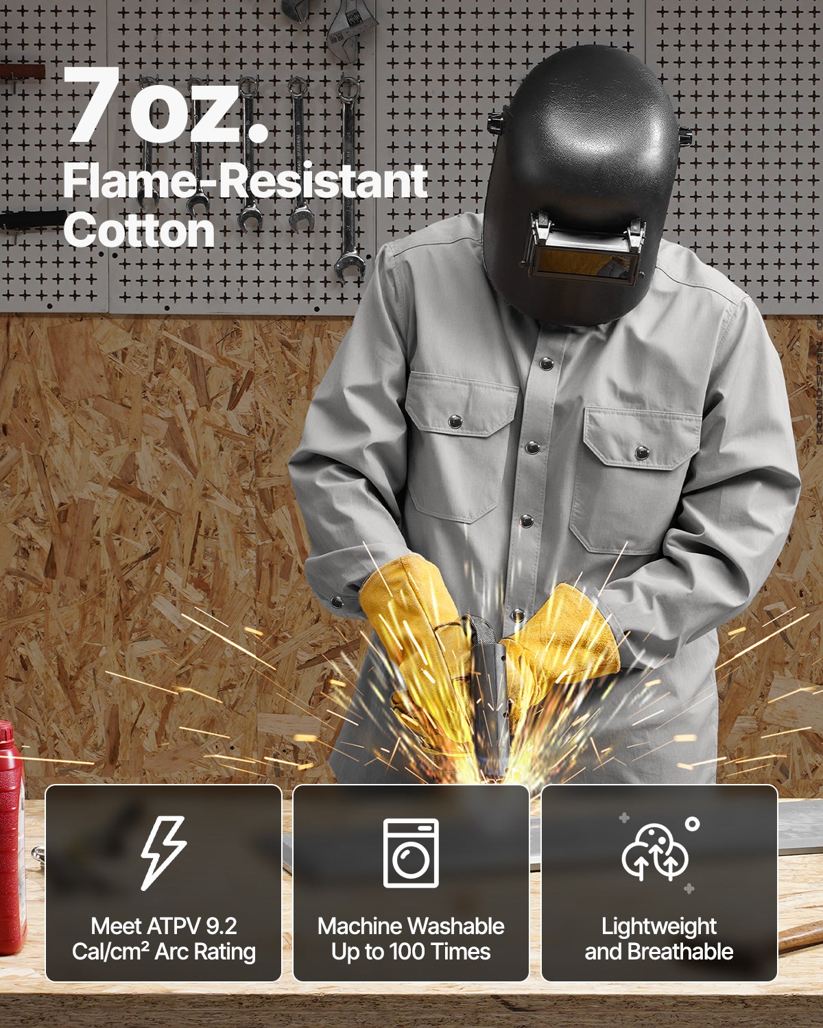 Veste soudage FR,coton ignifuge VEVOR 7 oz,lavable machine,résistante chaleur,XL,bouton-pression en métal,poignets réglables,ATPV 9,2 Cal/cm² - 2