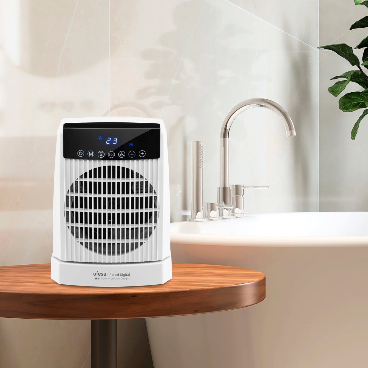 Ufesa Persei - Riscaldatore digitale da 2000 W, IP21, per bagno, 3 livelli di potenza termica/freddo, base oscillante, termostato regolabile, timer 24 - 6