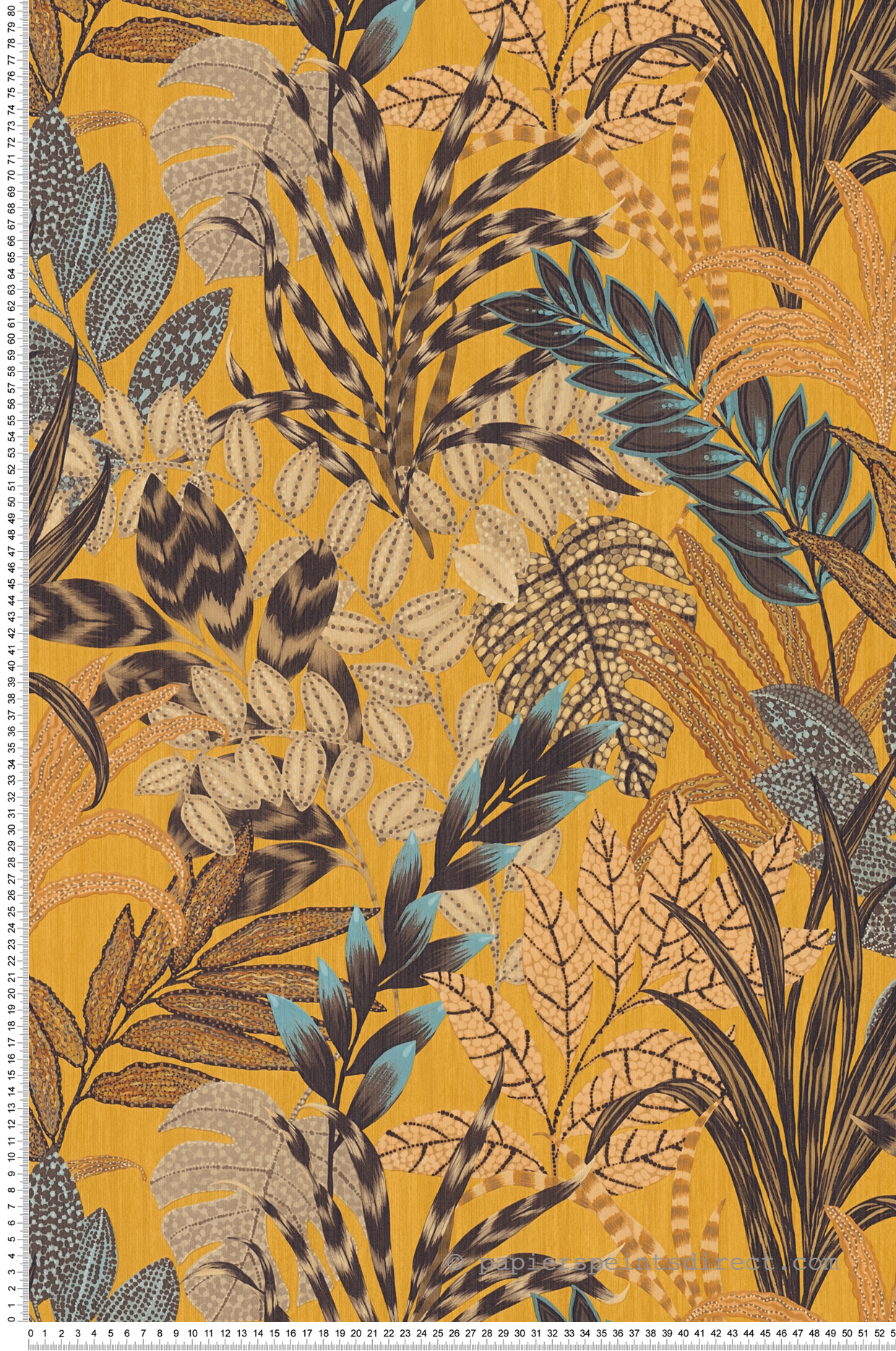 Papel pintado mostaza con plumas y hojas tropicales papel pintado amarillo con estampado selvático papel pintado vinílico boho chic