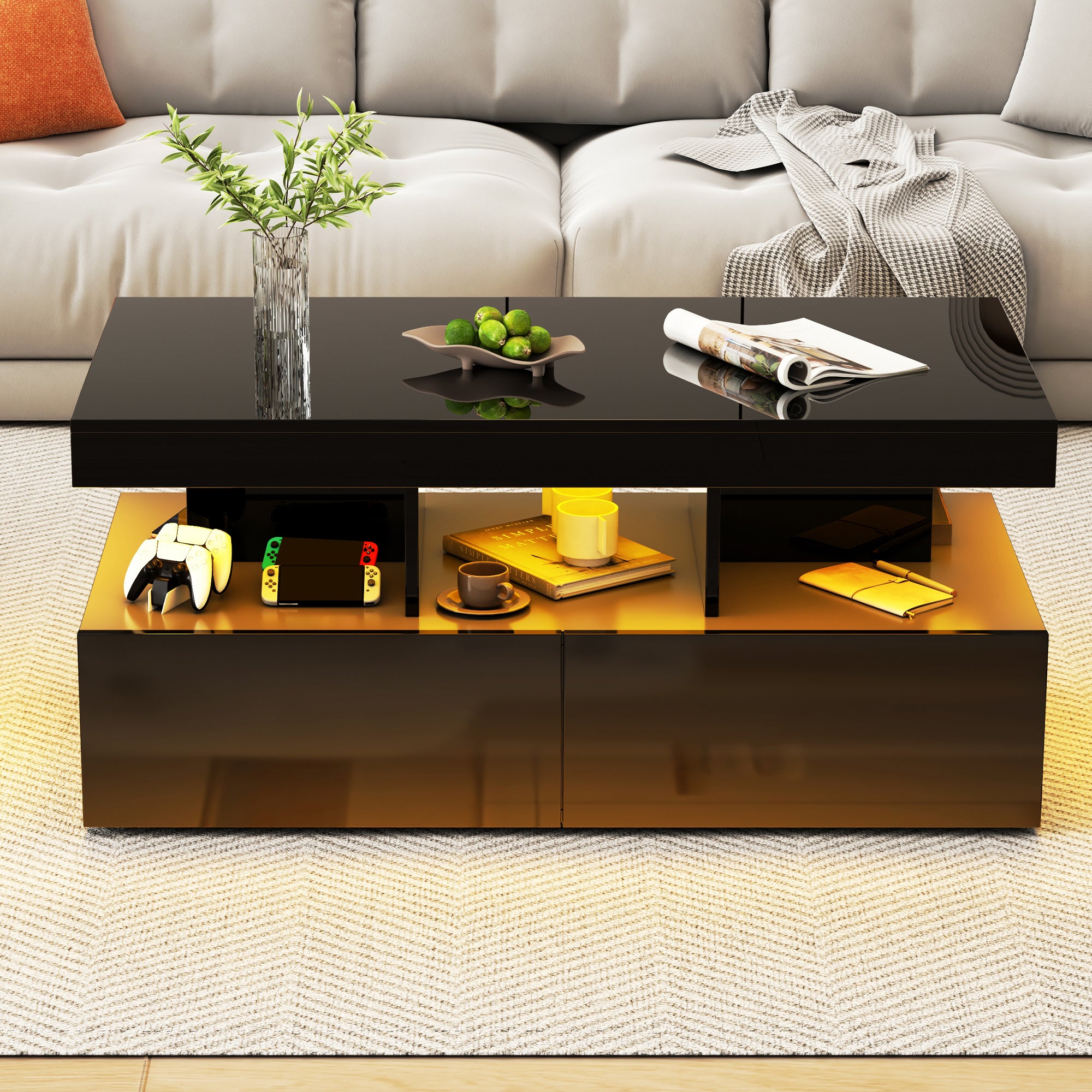 Table Basse Avec Lumières LED RGB - Table D'Appoint Moderne En Bois D'Ingénierie Noir 100x100 Cm