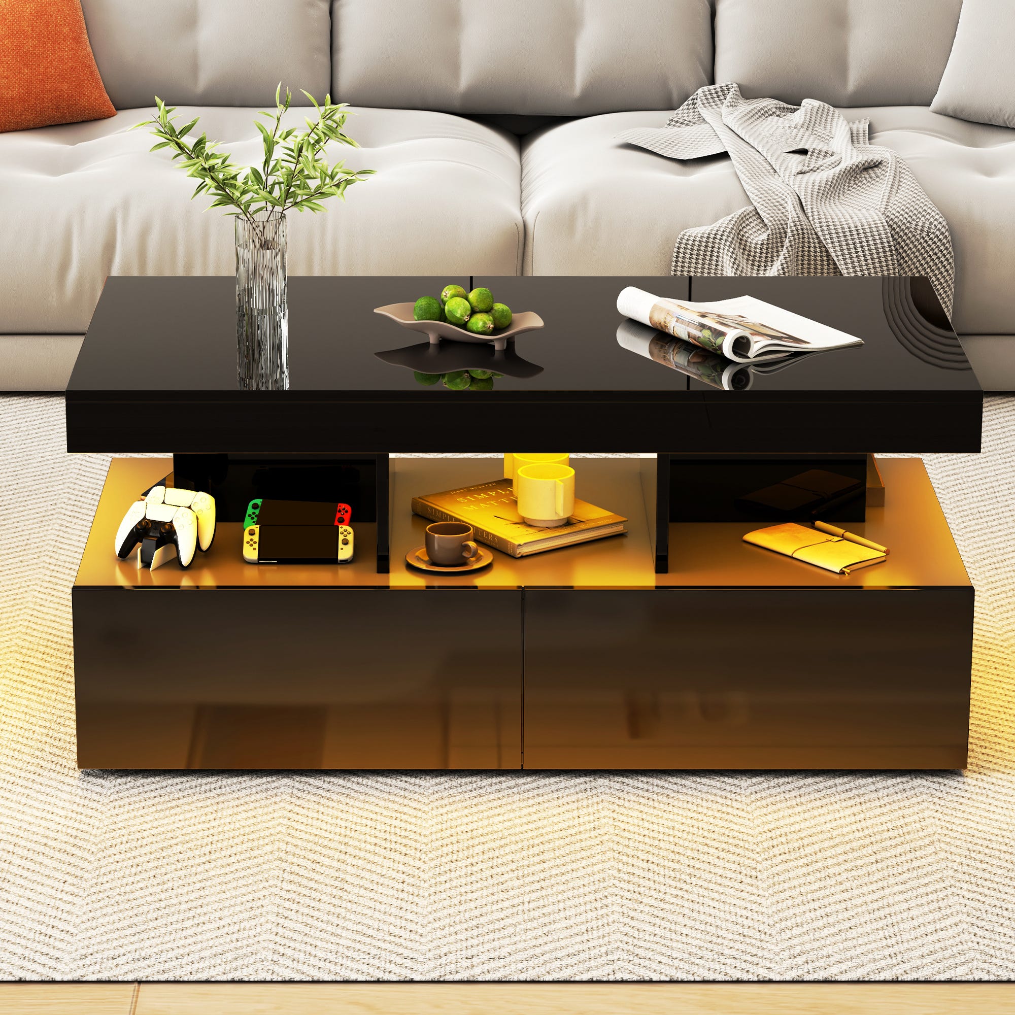 Table Basse Avec Lumières LED RGB - Table D'Appoint Moderne En Bois D'Ingénierie Noir 100x100 Cm