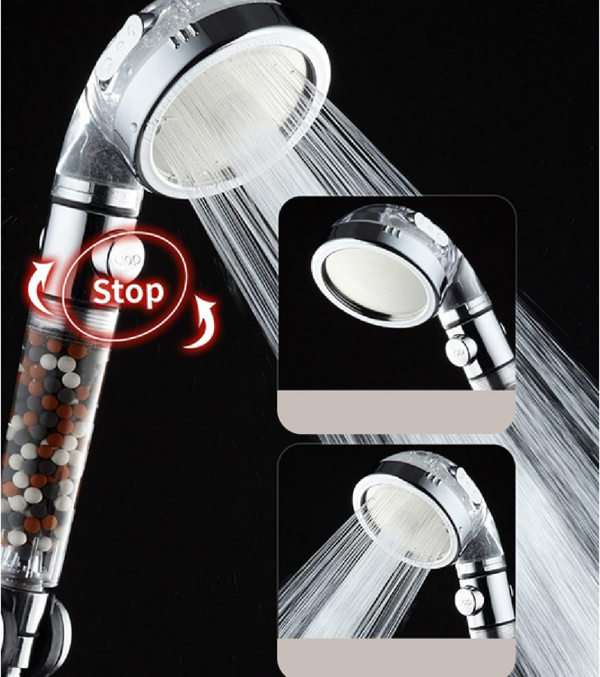 Pommeau de douche avec anti-calcaire - Pommeau de douche haute pression 3 types de jet - Économie d'eau Filtre et boule minérale - 4