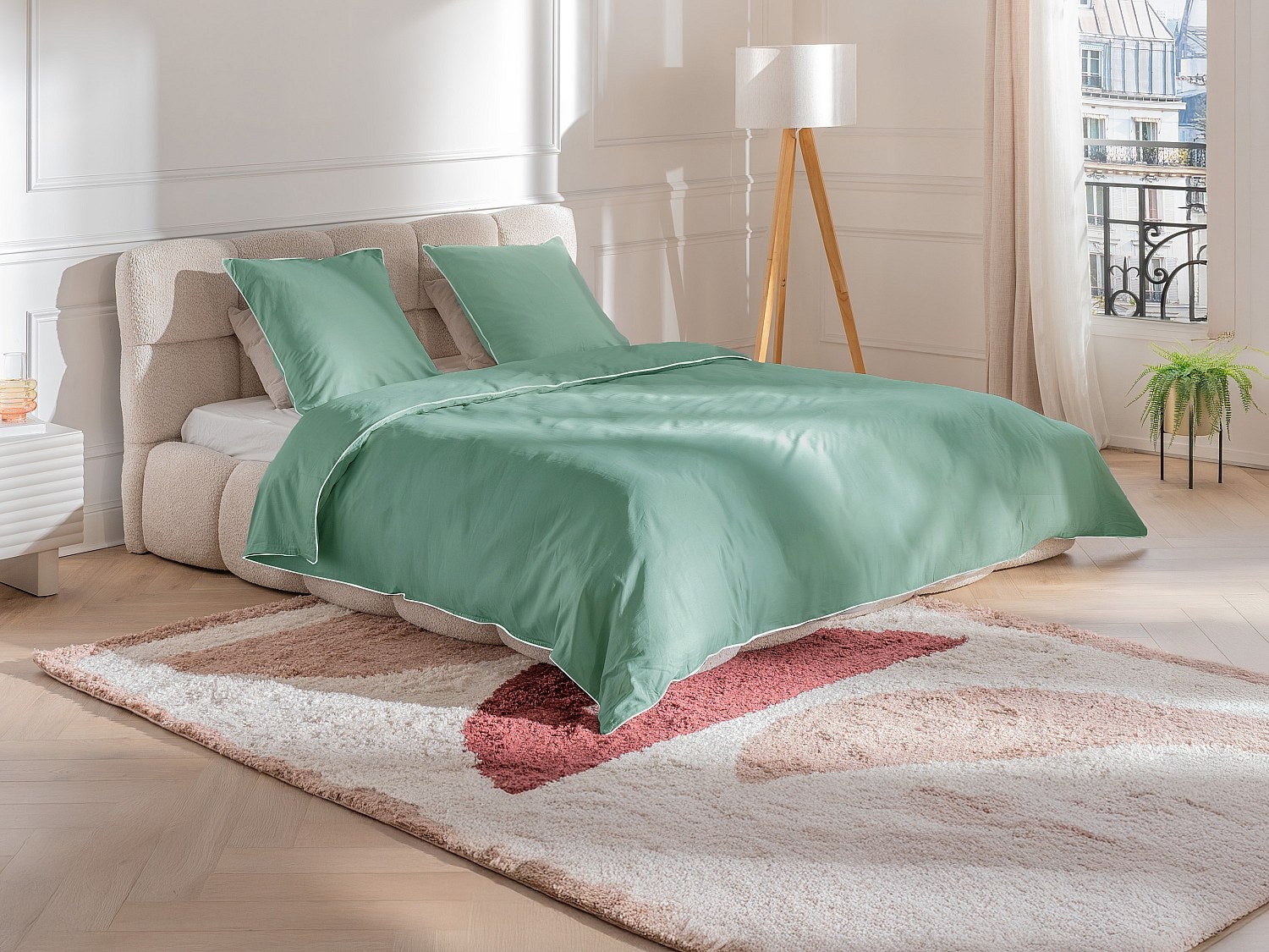 Komplet pościeli z perkalu bawełnianego 80 nitek/cm² - Poszwa na kołdrę 220 x 240 cm + 2 poszewki na poduszki 63 x 63 cm - Migdałowa zieleń z białą la