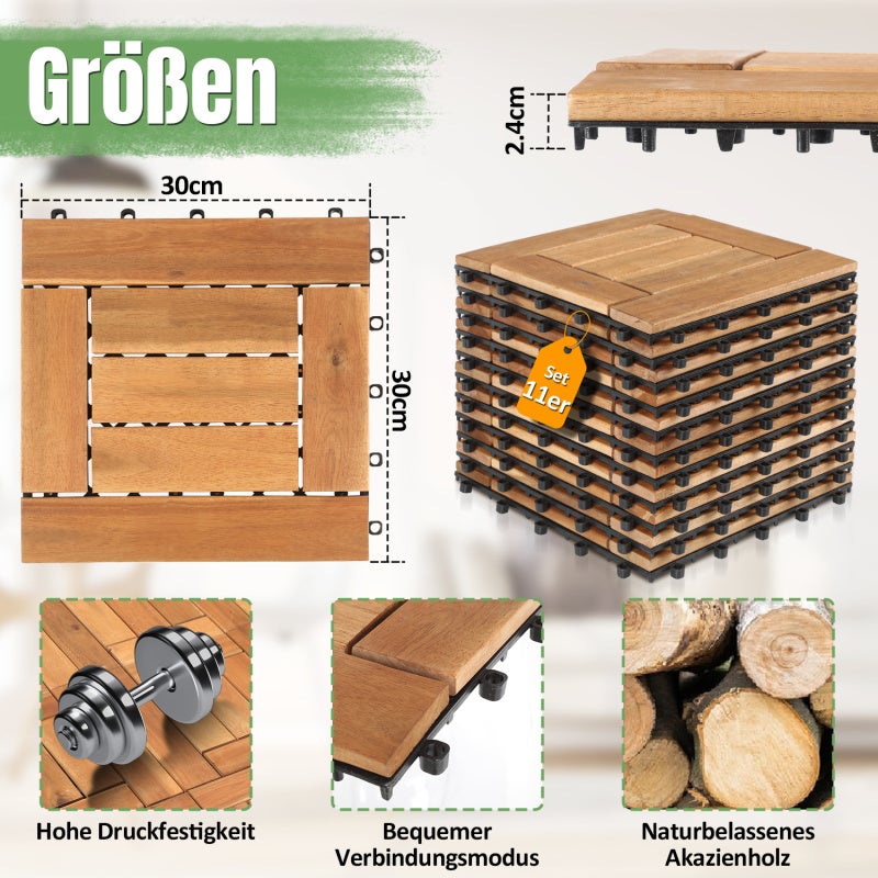 Dalles de terrasse en bois d'acacia 22x unités clipsables 30x30cm 3m² revêtement sol extérieur pour jardin - 2