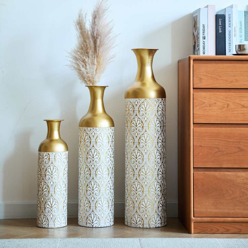 Conjunto de 3 vasos de chão em metal branco – Vasos decorativos grandes de 83/65/50 cm para flores secas, sala de estar e quarto. - 2