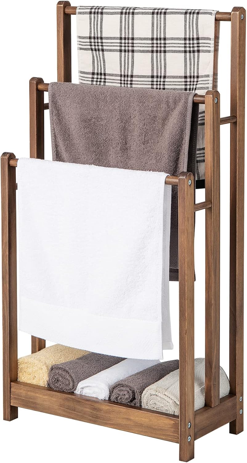 Suport pentru prosoape pe picior din lemn, cu 3 bare și raft inferior de depozitare, dispozitiv anti-răsturnare, 22 x 45 x 86 cm, maro
