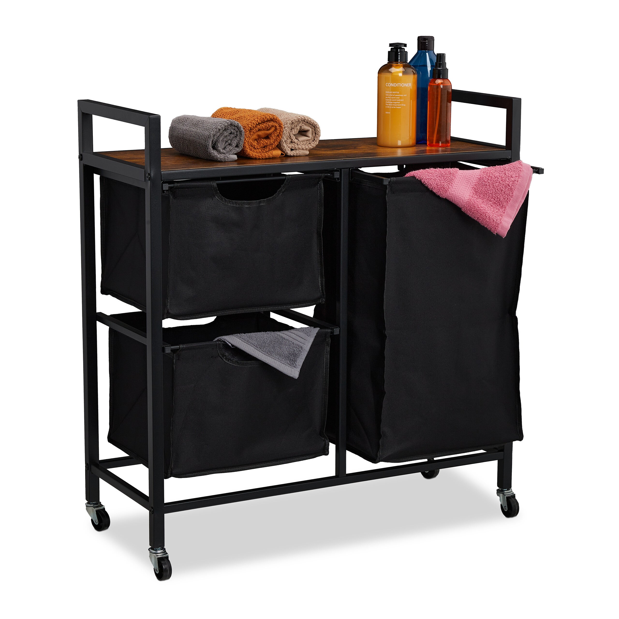 Relaxdays Meuble à Linge 3 Compartiments Avec Roulettes - Design Industriel Noir/Brun Pour Chambre Et Salle De Bain