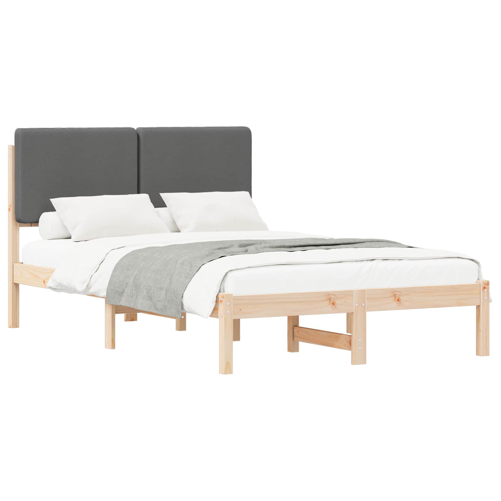 Cadre de lit avec tête de lit rembourrée en pin massif, gris foncé, pour la chambre - 2